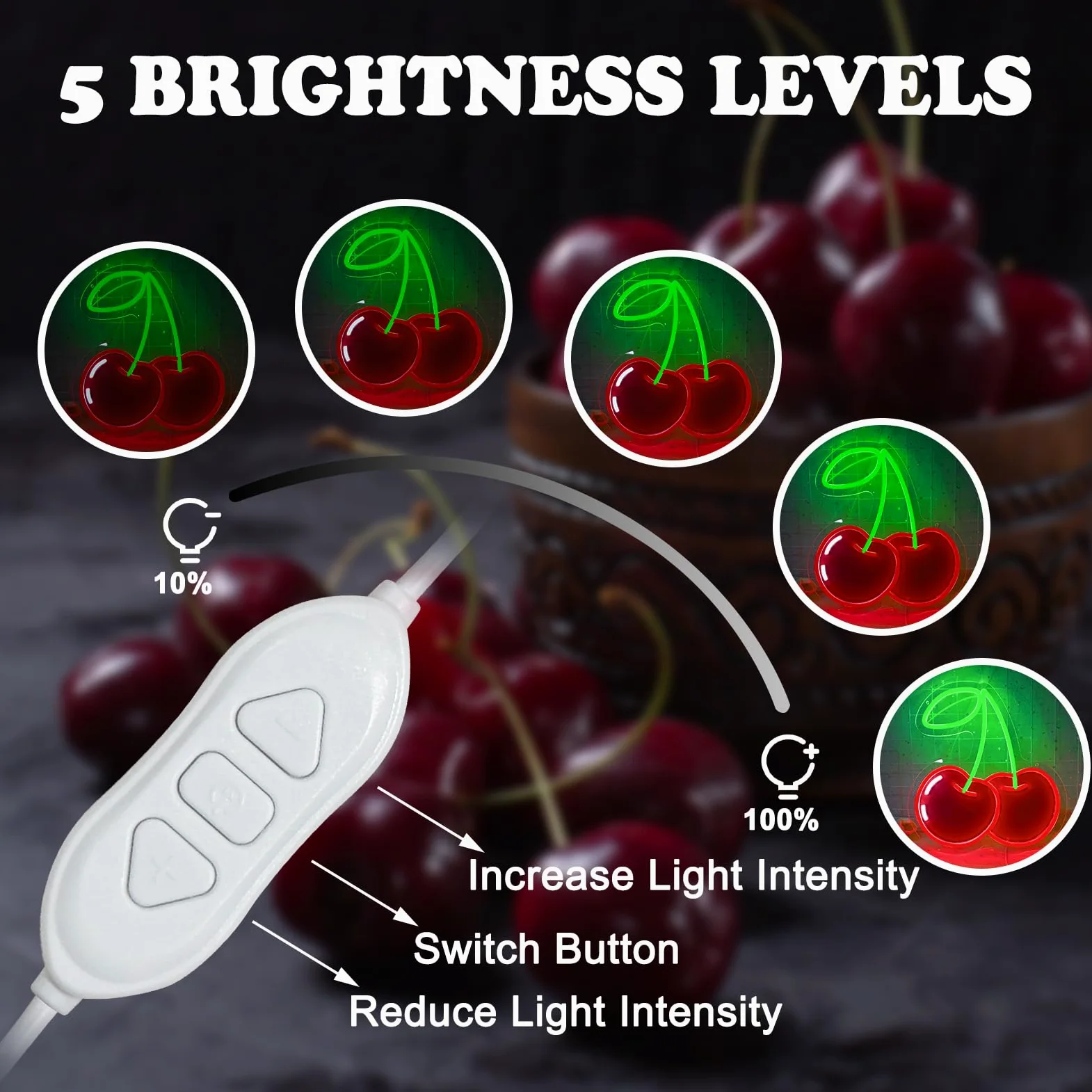 Insegna al neon a forma di ciliegia, decorazione da parete, dimmerabile, con stampa di frutta, luci al neon al neon a tema frutta vibrante per camera dei bambini, camera da letto, ristorante, bar