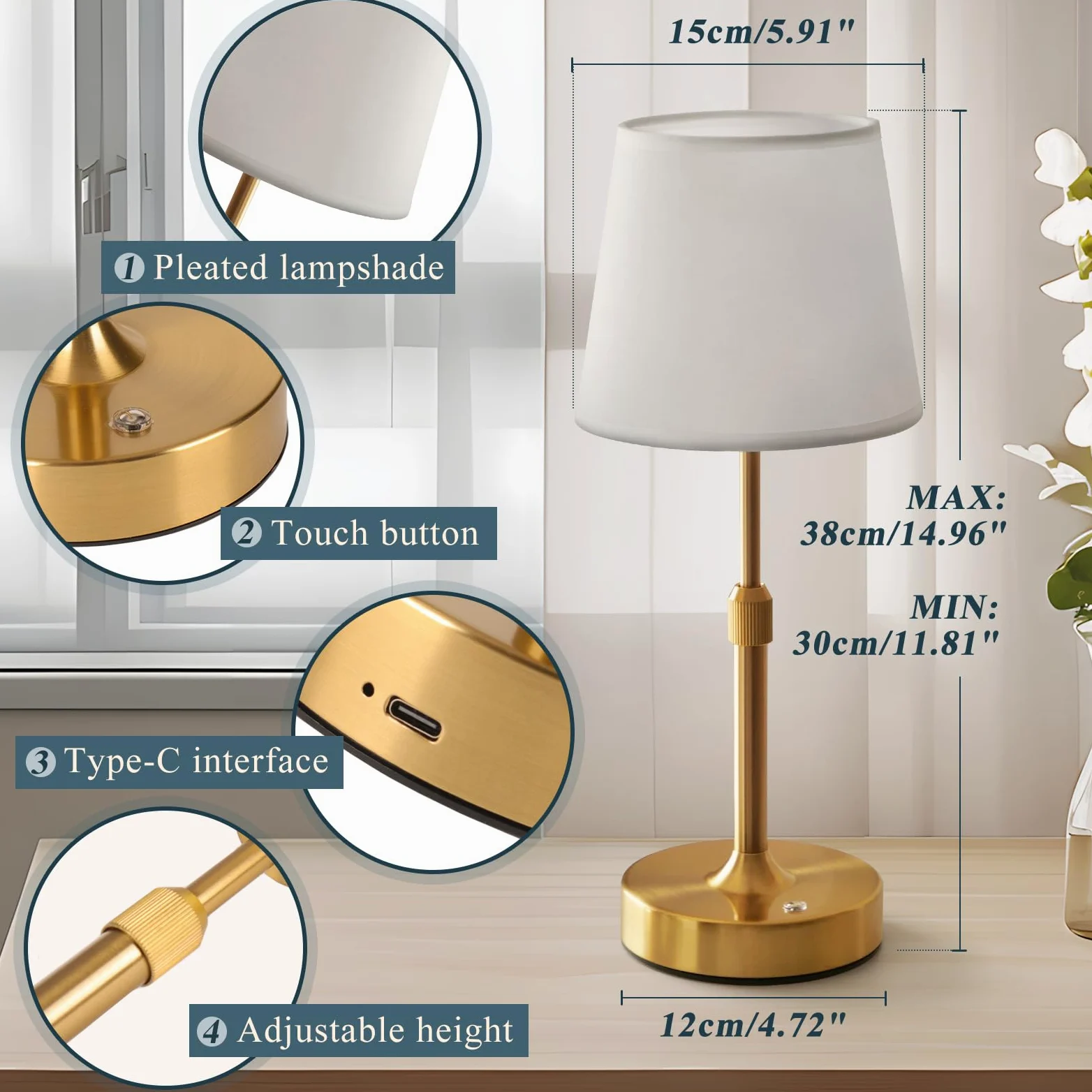 Lampada da comodino ricaricabile, lampada da tavolo dimmerabile a batteria, 6000 mAh, lampade da comodino wireless con paralume in tessuto, luci dorate portatili con controllo touch per camera
