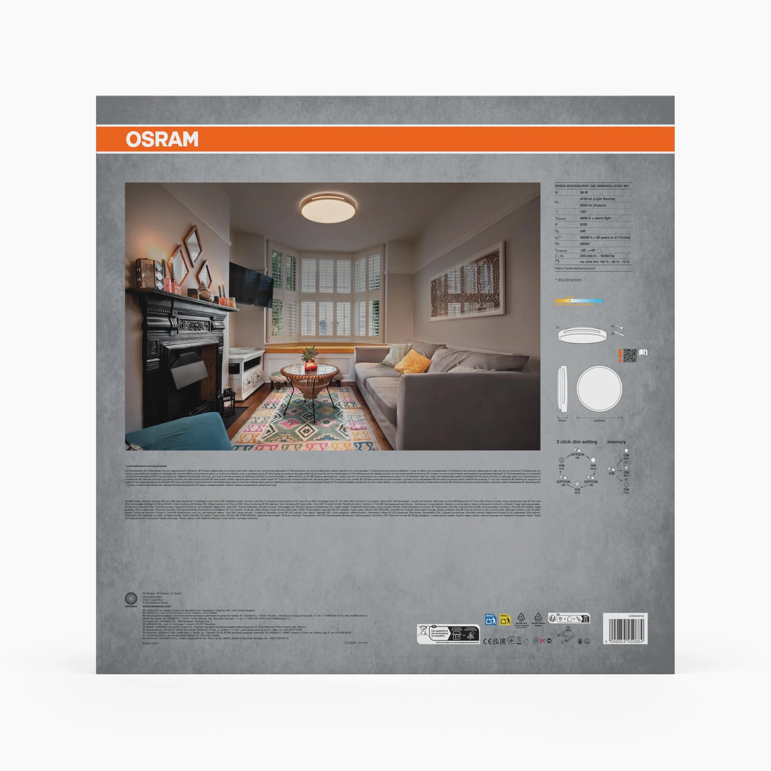 OSRAM ORBIS Woodburry LED wall/ceiling light with wood decor, 36 W, 1,500 lm, 3,000 K, 500-mm diameter, 830 friendly warm white, IP20 protection, mounting screws and dowels included
