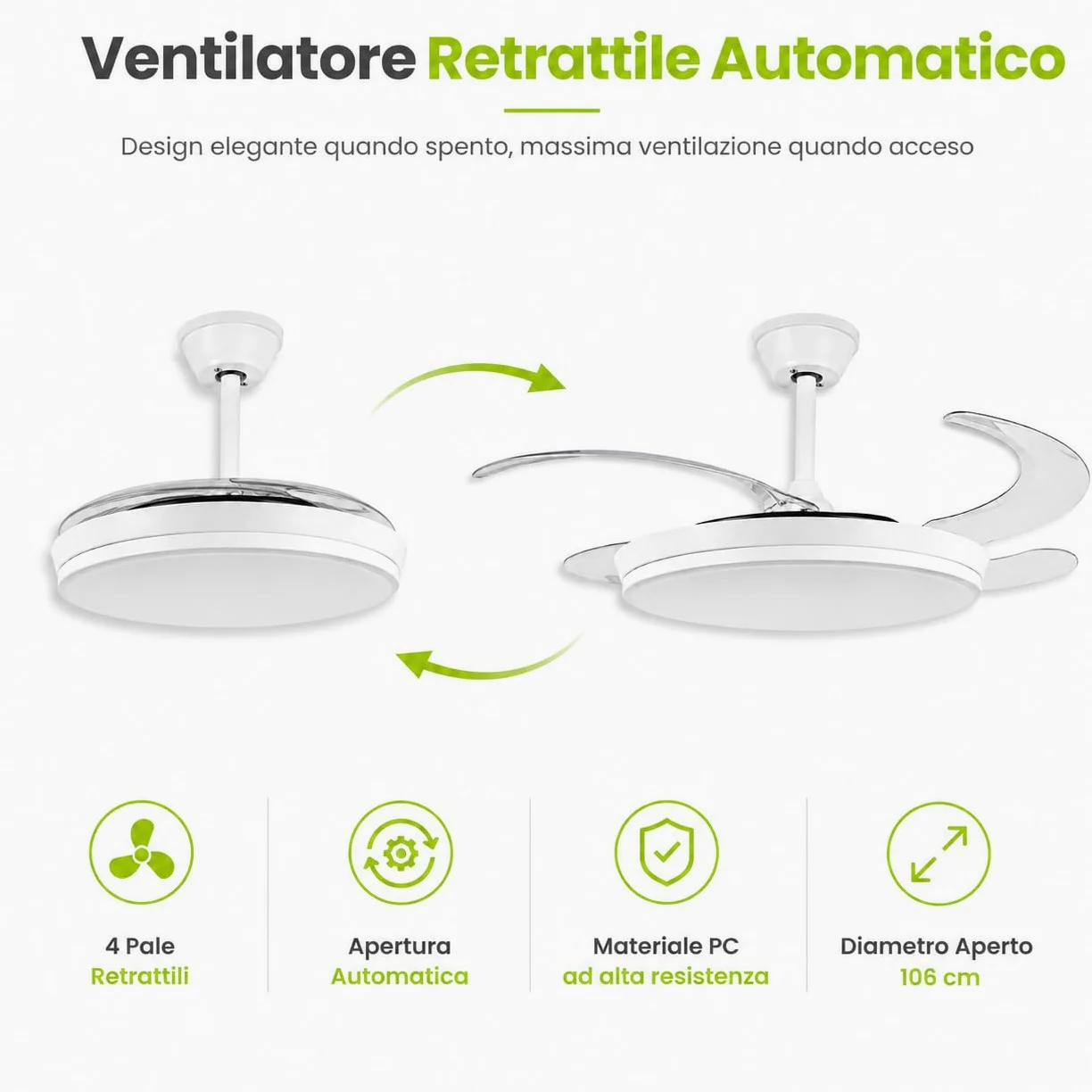 Ventilatore da Soffitto con Luce LED 36W e Telecomando | Pale Retrattili 106 cm | 6 Velocità Motore DC | CCT 3000K 4000K 6500K | Lampadario Ventilatore Moderno