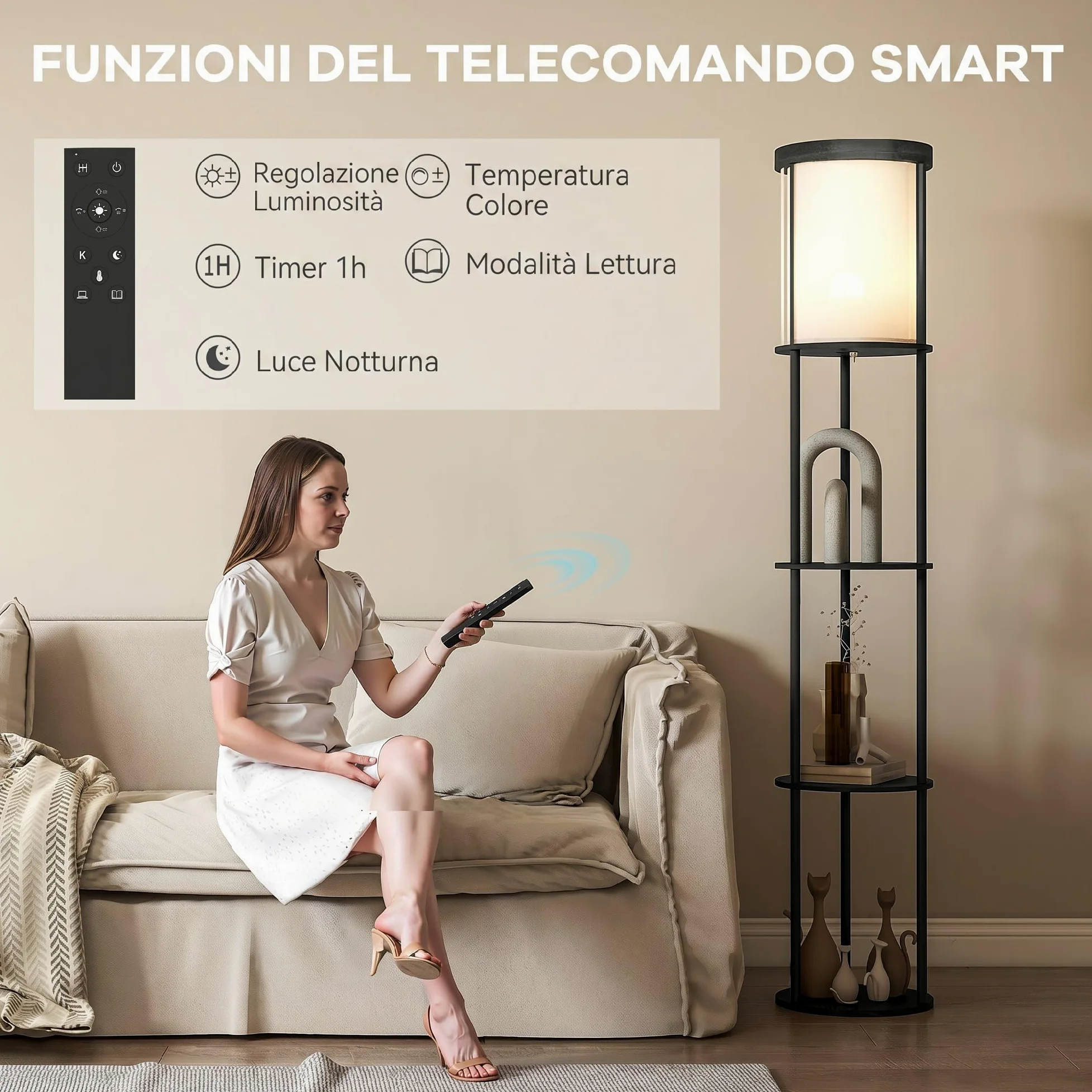 HOMCOM Lampada da Terra LED con Ripiani Rotondi, Piantana Moderna Nero | Paralume in Tessuto, Interruttore a Pedale e Telecomando, per Soggiorno e Camera da Letto