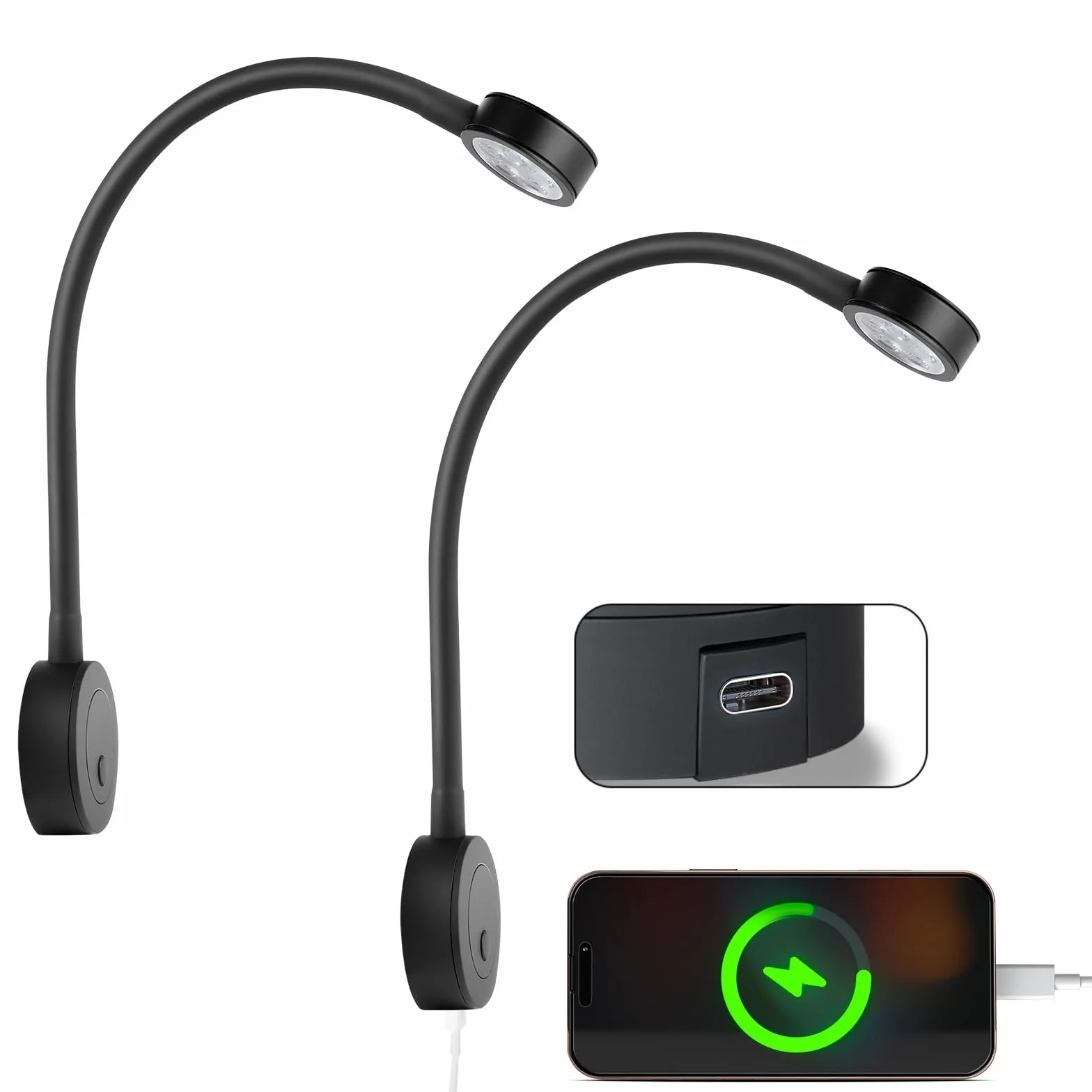 acegoo Lampada da lettura da parete LED 12v luce barca camper, dimmerabile collo di cigno flessibile DC12-24V comodino con interruttore dimmer e caricatore Type-C per cabina roulotte nero (2 pcs)