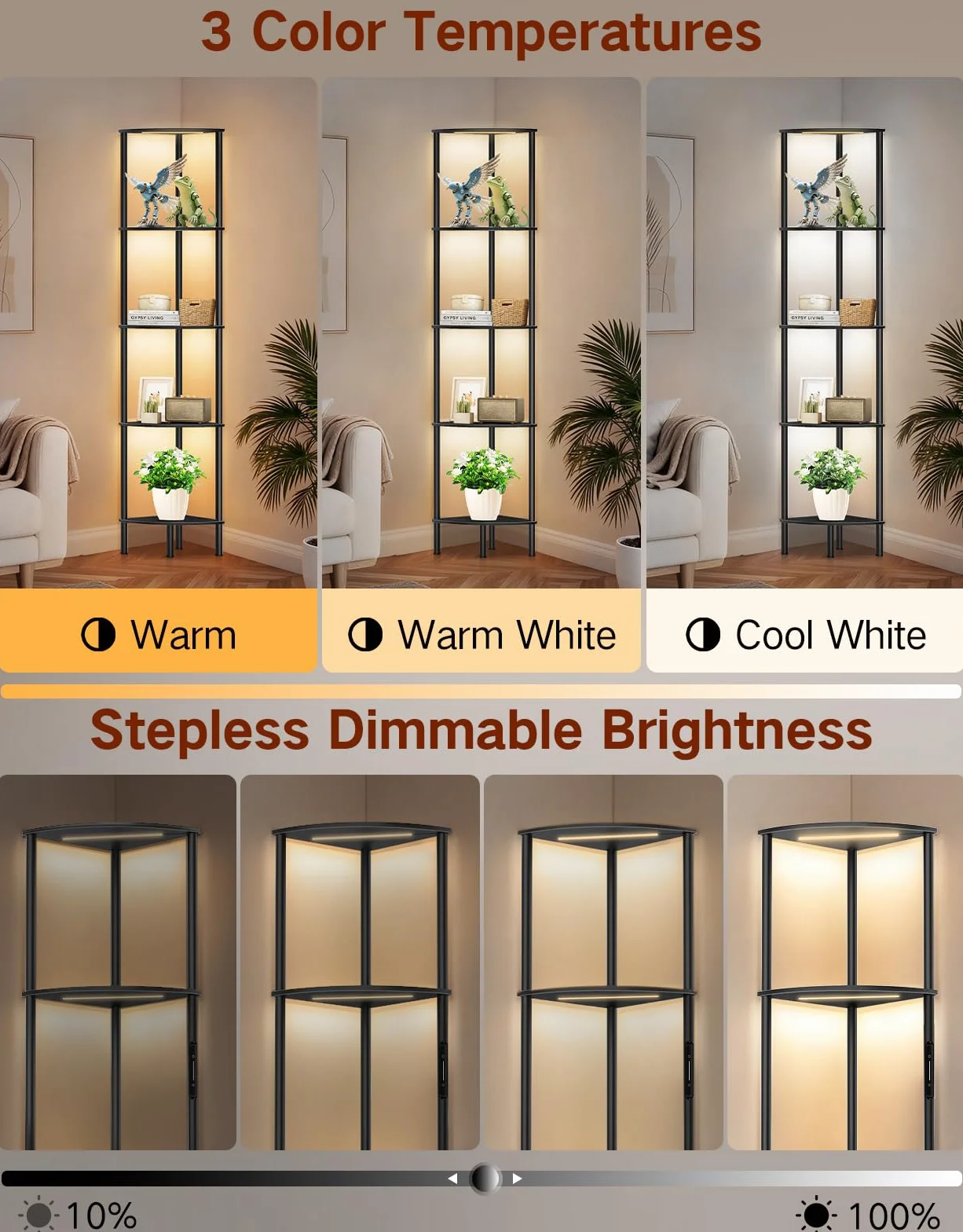 Lampada da Terra LED con Libreria Angolare a 5 Ripiani, Dimmerabile con Touch e Telecomando, 3 Temperature di Colore, Scaffale ad Angolo in Legno per Soggiorno, Camera da Letto e Ufficio