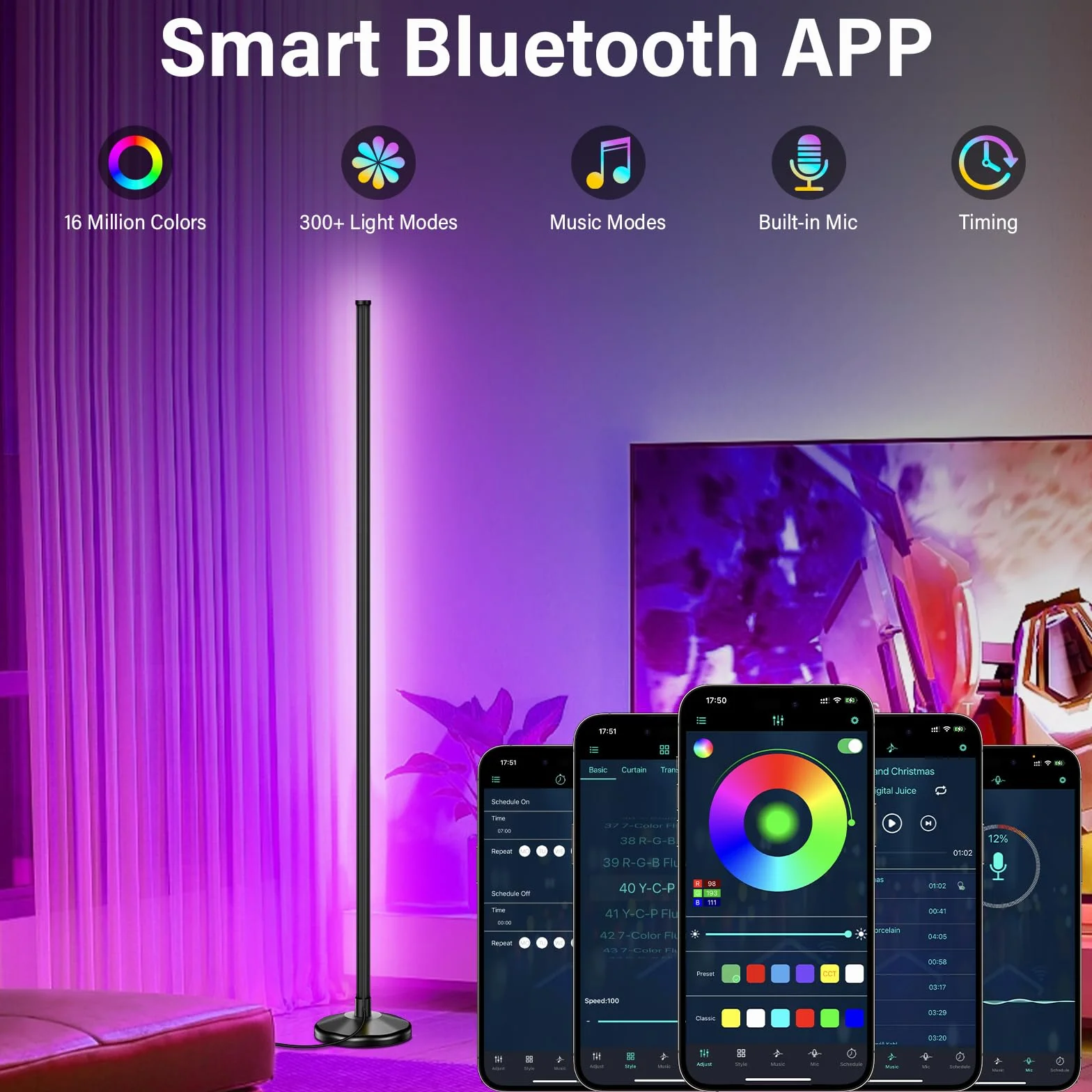 NIKYJM Lampada da Terra LED, 145cm Lampada RGB da Terra Piantana Lampada da Terra con Telecomando e Bluetooth APP, 16 Milioni Colori e 300 Modalità, Musica Sincronizzazione e Timer, DIY Modalità