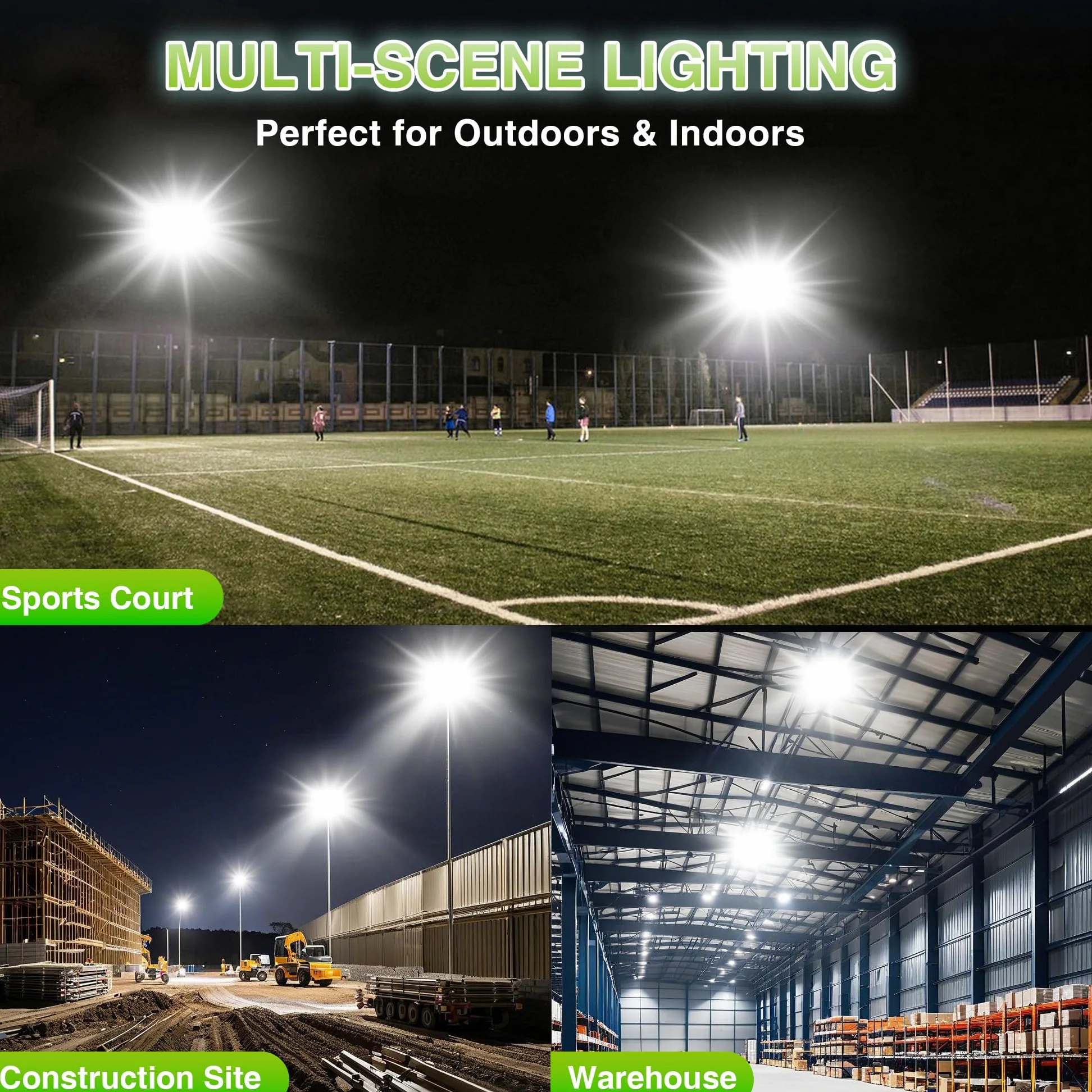 STASUN Luce di inondazione a LED per esterni, 600 W, 60000 lm, illuminazione esterna, 6000 K, luce bianca diurna, IP66, impermeabile, per esterni, luce di sicurezza esterna, con 3 teste regolabili per