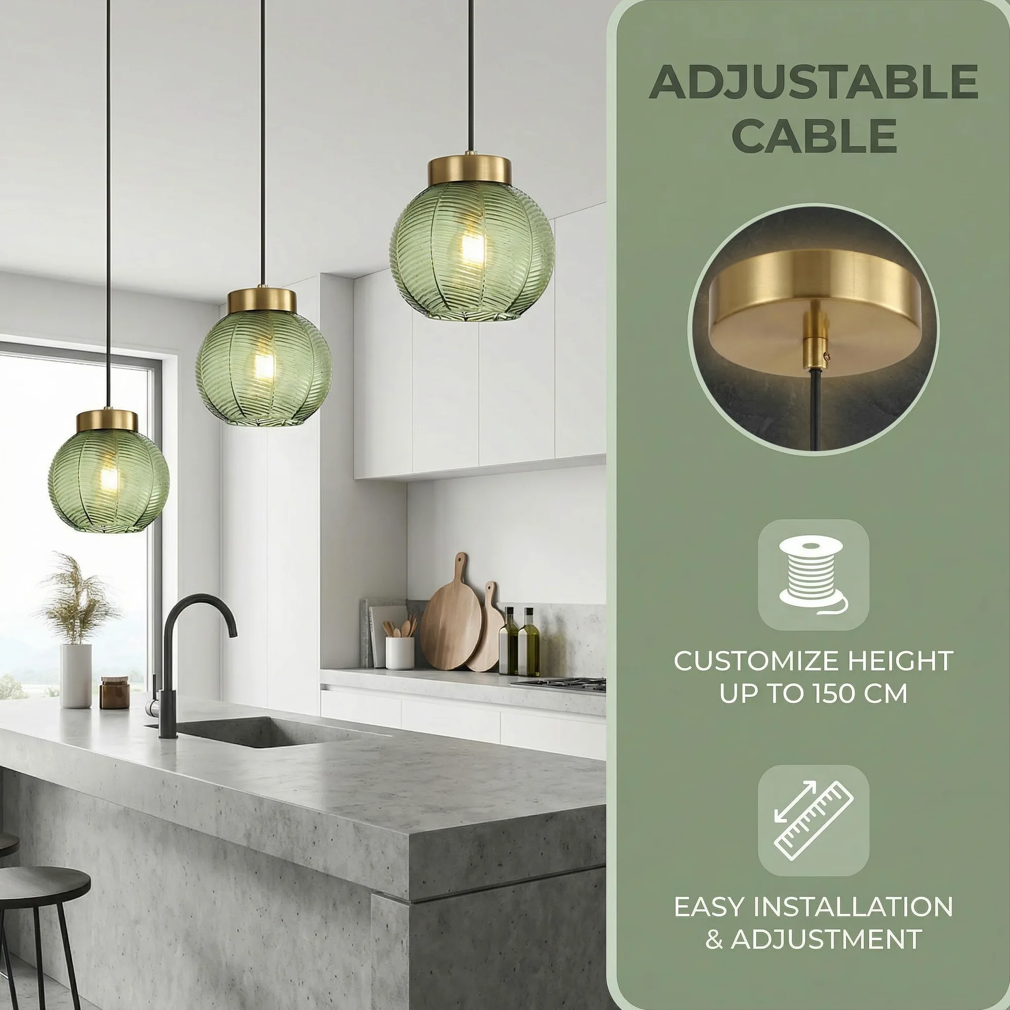 Lampada a Sospensione Vintage,Sfere in Vetro con Venature Fogliari, Metallo Oro E27 Lampadario Sospeso da Soffitto per Camera da letto, Sala da pranzo, Loft e Ristoranti (Verde, 20cm)