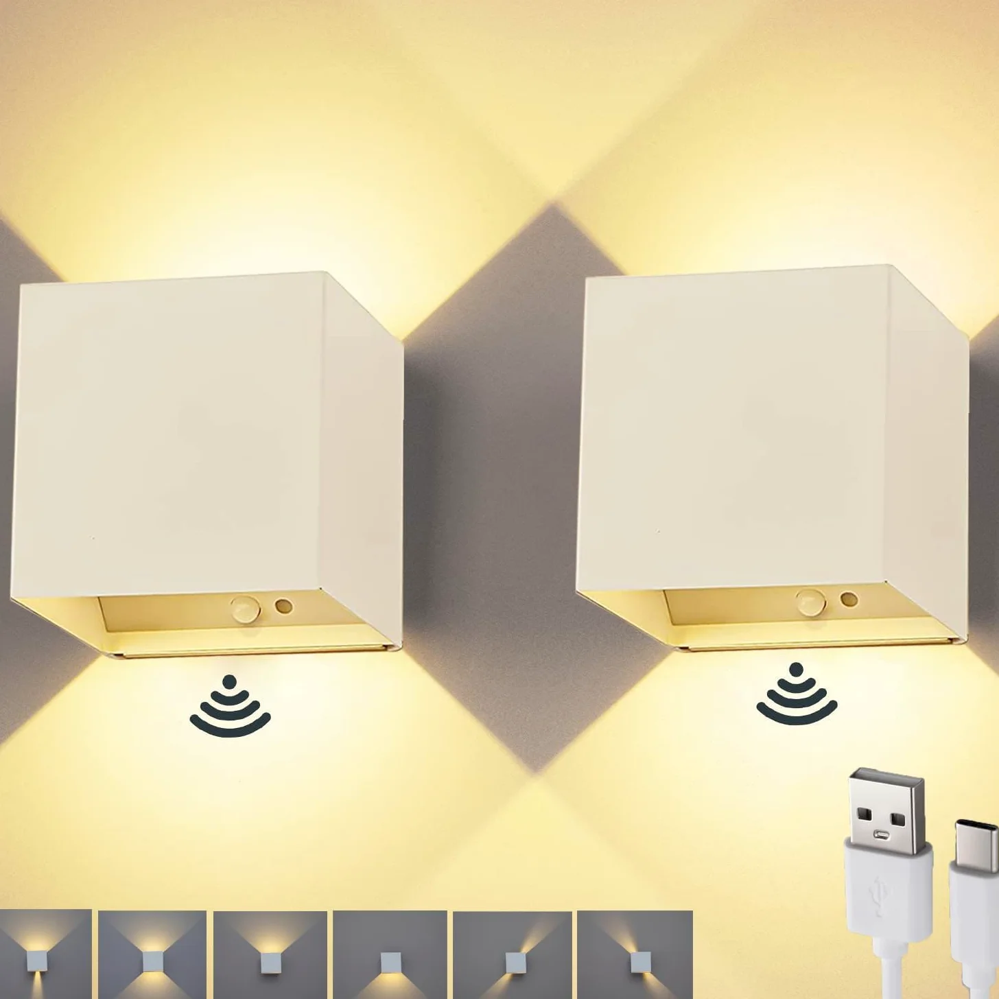 2 Pezzi Lampada da Parete con Sensore di Movimento, USB Ricaricabile Lampada da Muro Senza Fili, Batteria 3600mAh, Applique da Parete Interno Magnetica Per Camera da Letto Corridoio Scale, Bianca