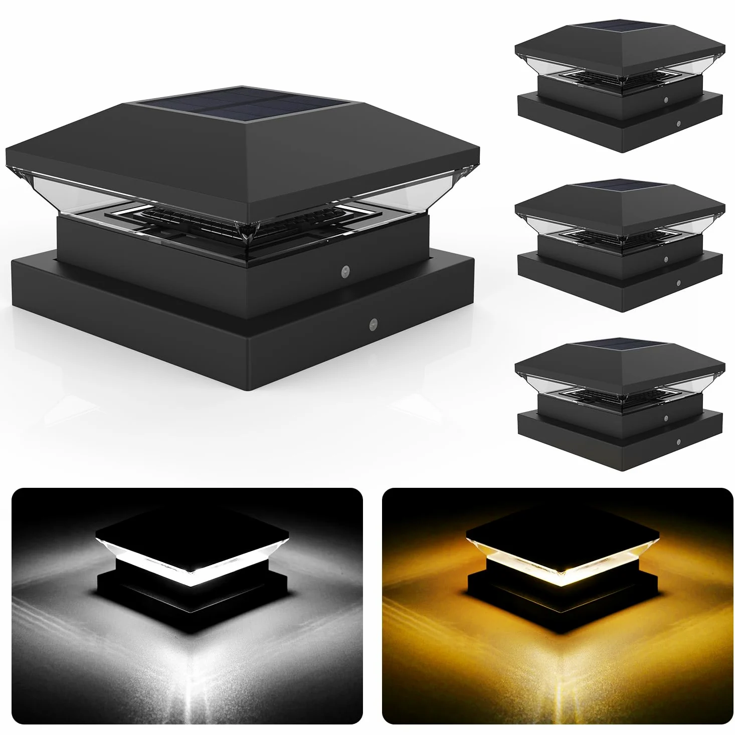 NATPOW Luce Solare Pilastro, 4 Pezzi 3000K/6000K Solare Pilastro Giardino, Auto ON/OFF Solari Esterno Giardino, IP65 Impermeabile per Patio Recinzione Pali