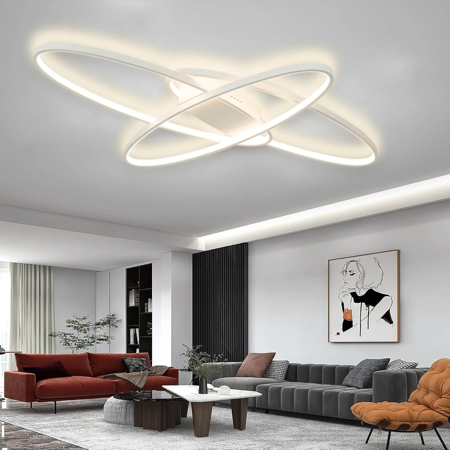 Plafoniera Led Soffitto dimmerabile, Lampadario Moderno Con Telecomando, 68W Plafoniere da soffitto, 3000K-6000K Lampada da Soffitto per Soggiorno Camera da Letto, Sala da Pranzo (95cm ‎Bianco)