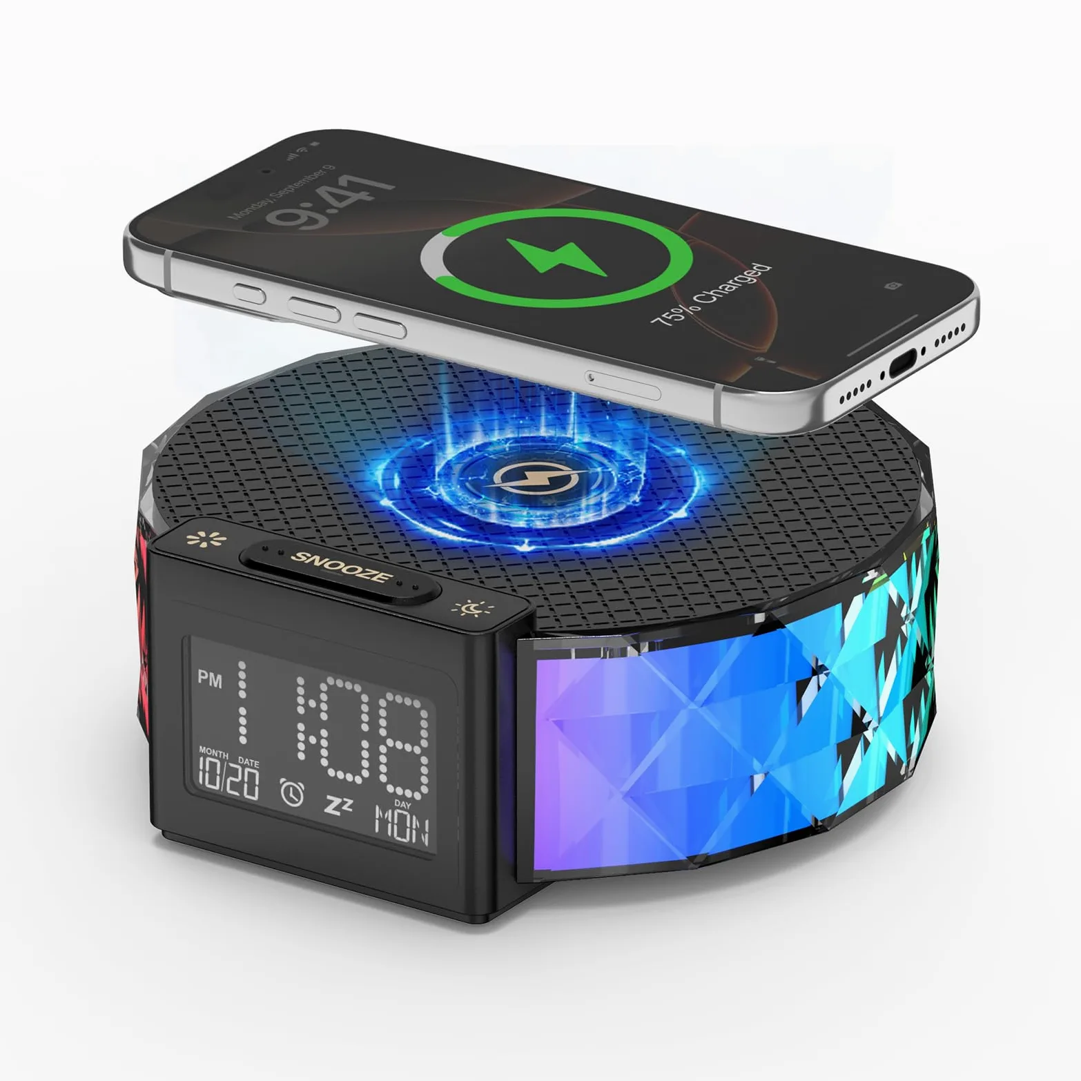 Smiling Shark Lampada Sveglia, Intelligente Sveglia Luce Ricarica Wireless con Timer Snooze Controllo Touch 3 Luminosità e Effetto RGB Wake Up Light Alarm Clock Charger per Comodino