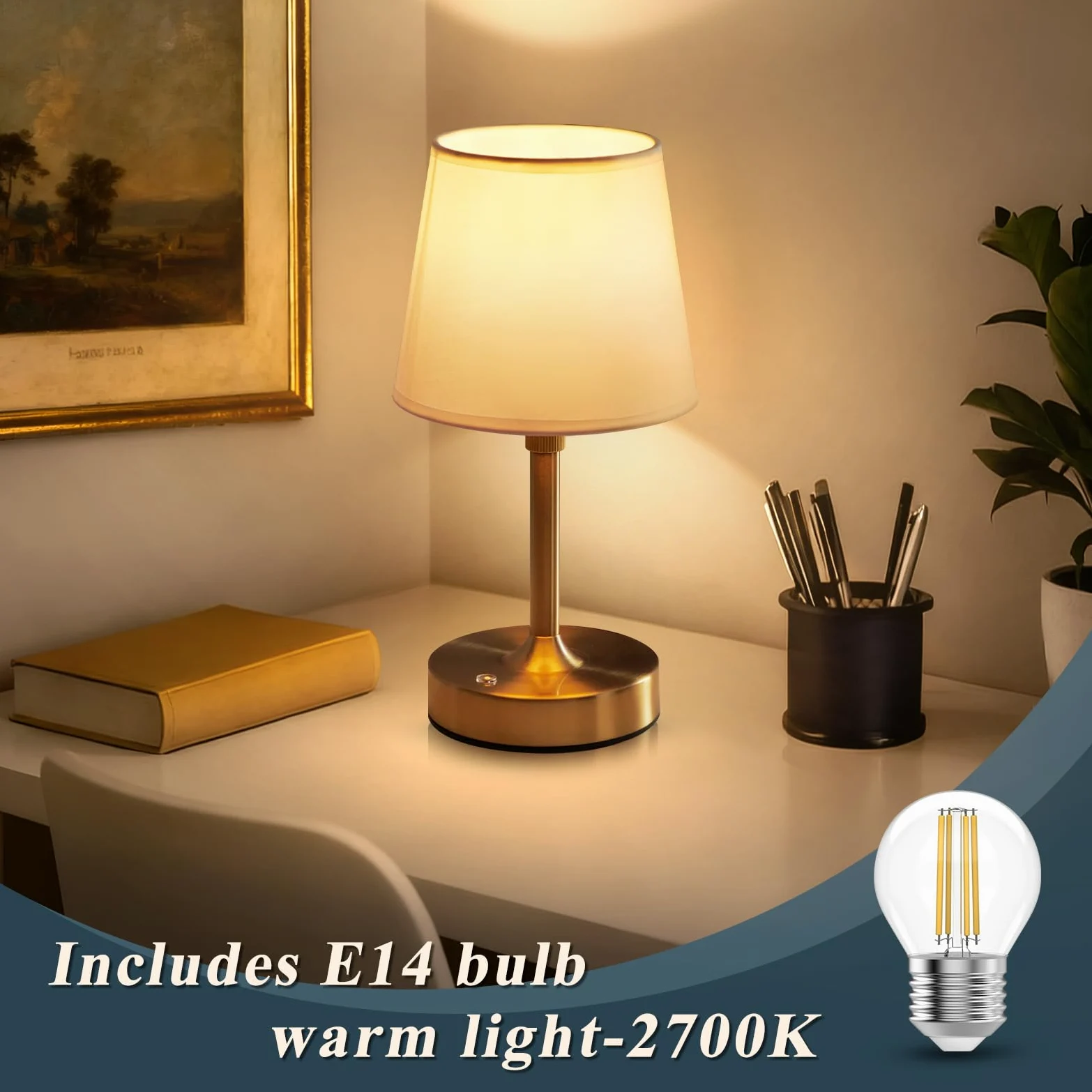 Lampada da comodino ricaricabile, lampada da tavolo dimmerabile a batteria, 6000 mAh, lampade da comodino wireless con paralume in tessuto, luci dorate portatili con controllo touch per camera