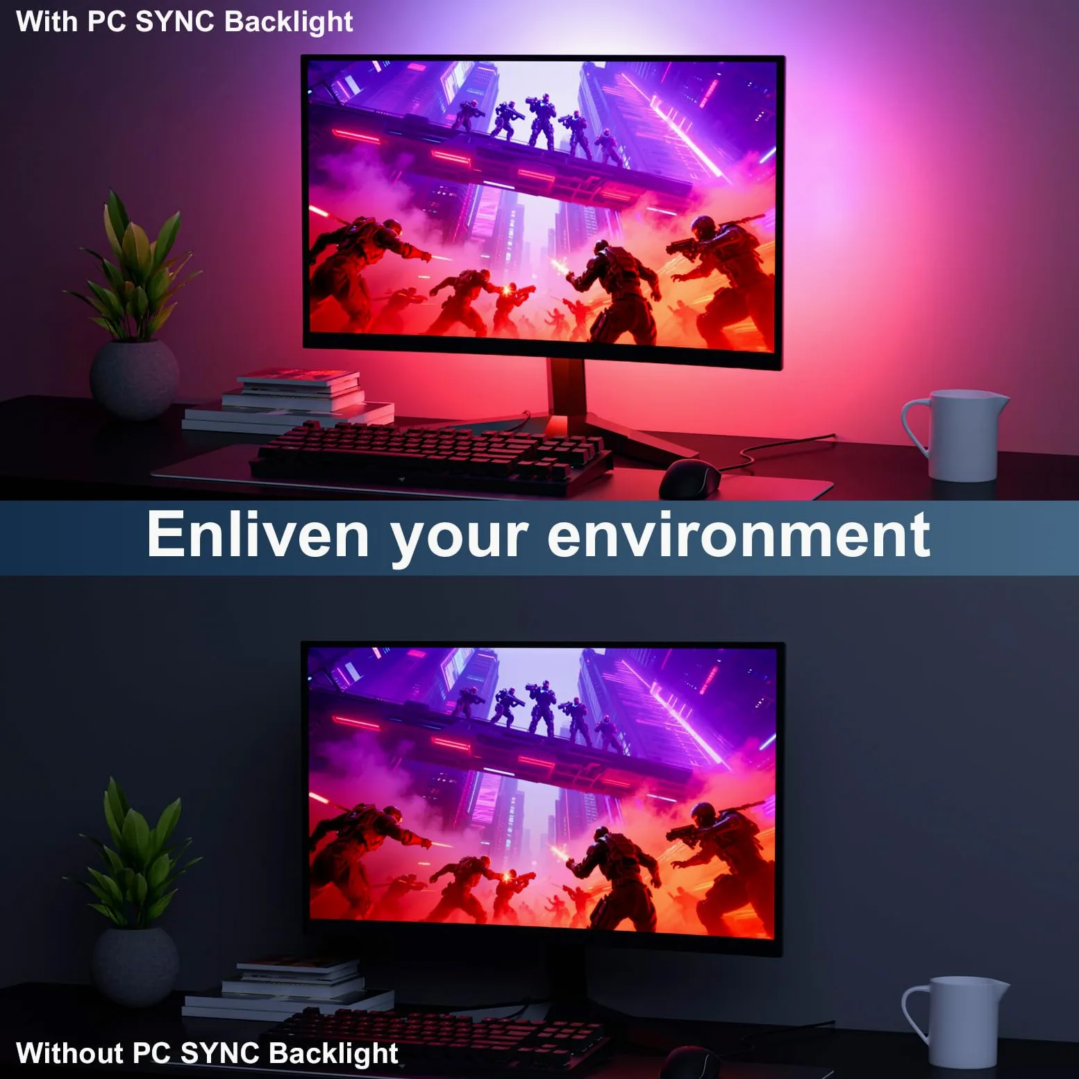 4 Sides 27-32 pollici PC Monitor Retroilluminazione, striscia LED RGBIC sincrona con colore dello schermo e musica per giochi, film, ecc, facile da usare senza fotocamera, controllo software