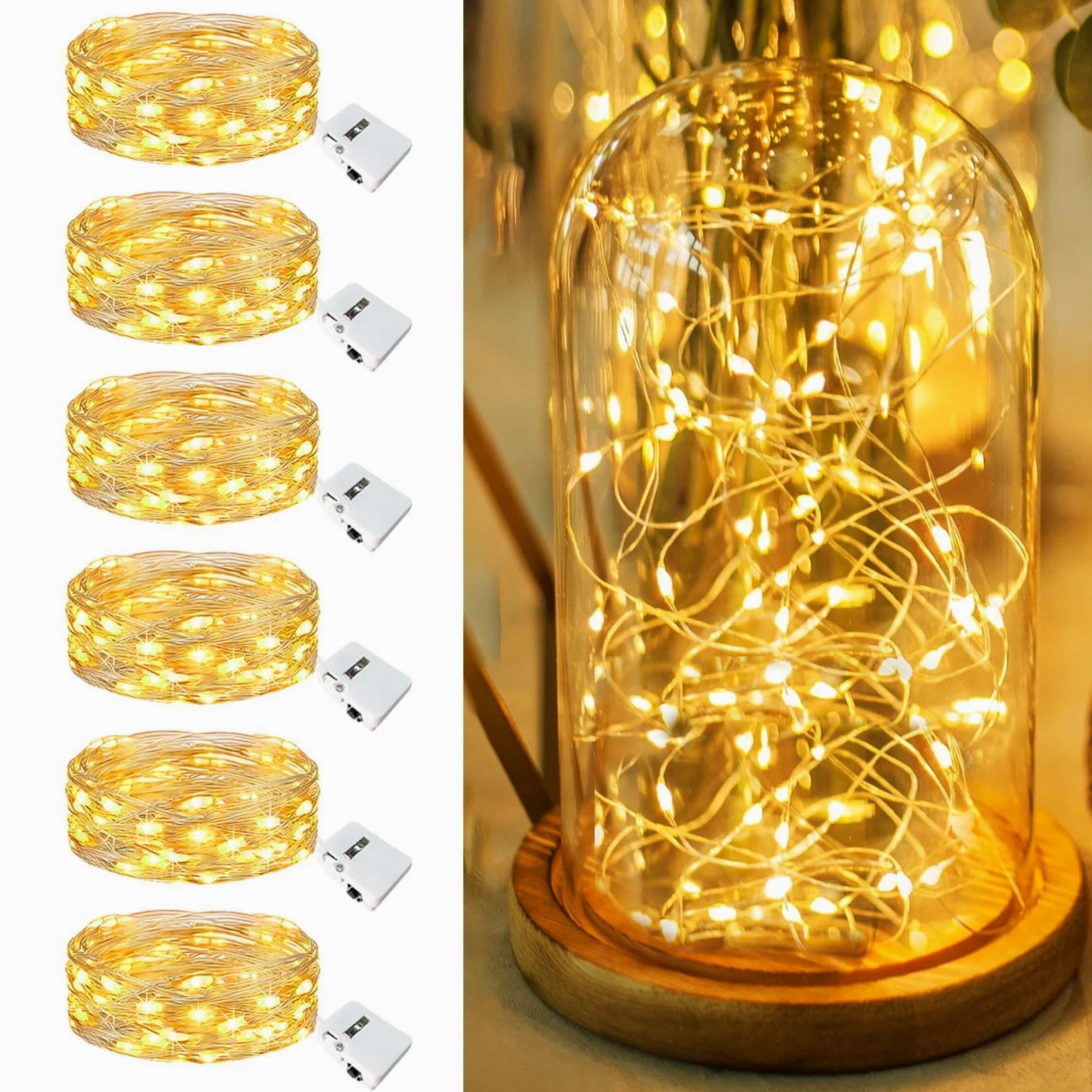 Confezione da 6 luci a batteria, 20 luci a LED scintillanti, 3 modalità, impermeabili, per barattoli, vasi, fai da te, feste, matrimoni, Natale, colore bianco caldo