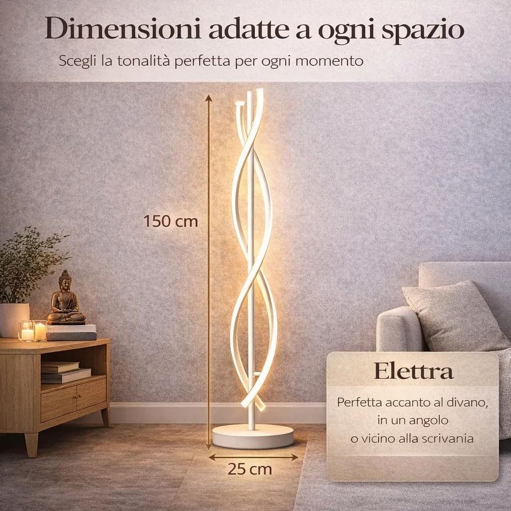 Arcadia Lampada da Terra LED Moderna Forma di Spirale | Piantana Design Contemporaneo | Luce Calda/Fredda | Lampada Salotto Camera da Letto Studio, Arredo Interni Elegante 150 cm (Bianco)