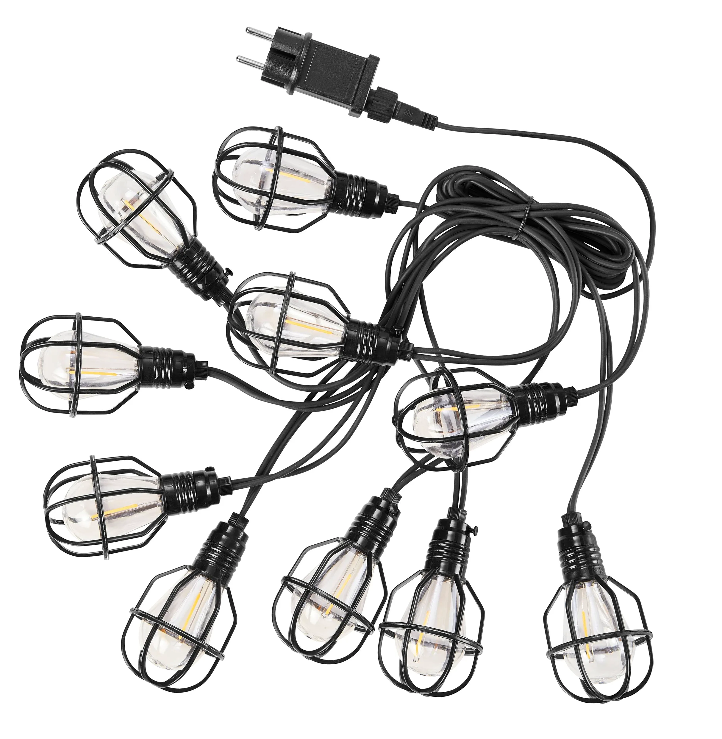 AMARE Catena luminosa industriale per interni ed esterni, 10 lampadari con alloggiamento della lampada nera, cavo da 3 m, IP44 e timer