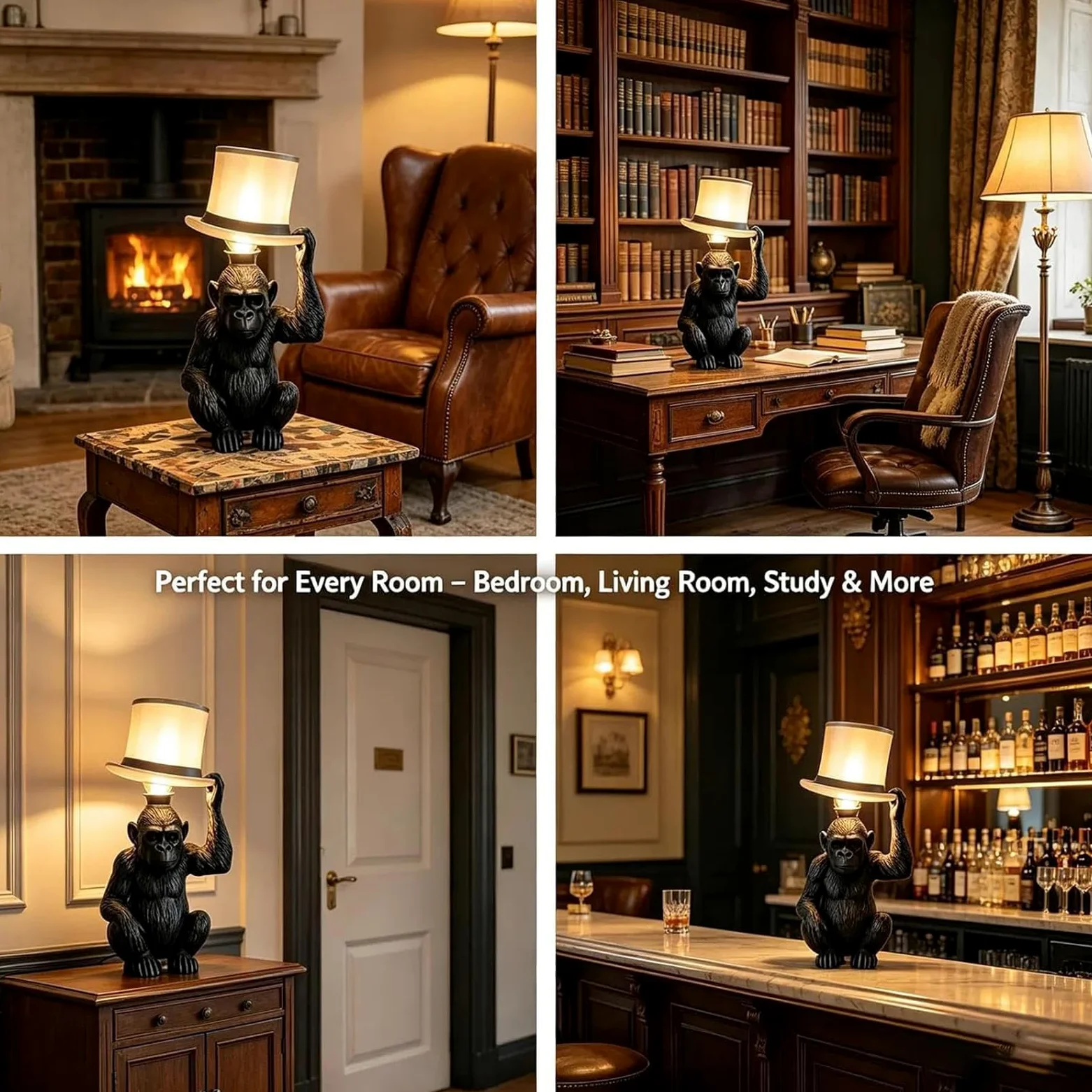HTU Lampada da tavolo scimmia con cappello cilindro, decorativa e creativa, ideale per ufficio e stanza, 2 pezzi