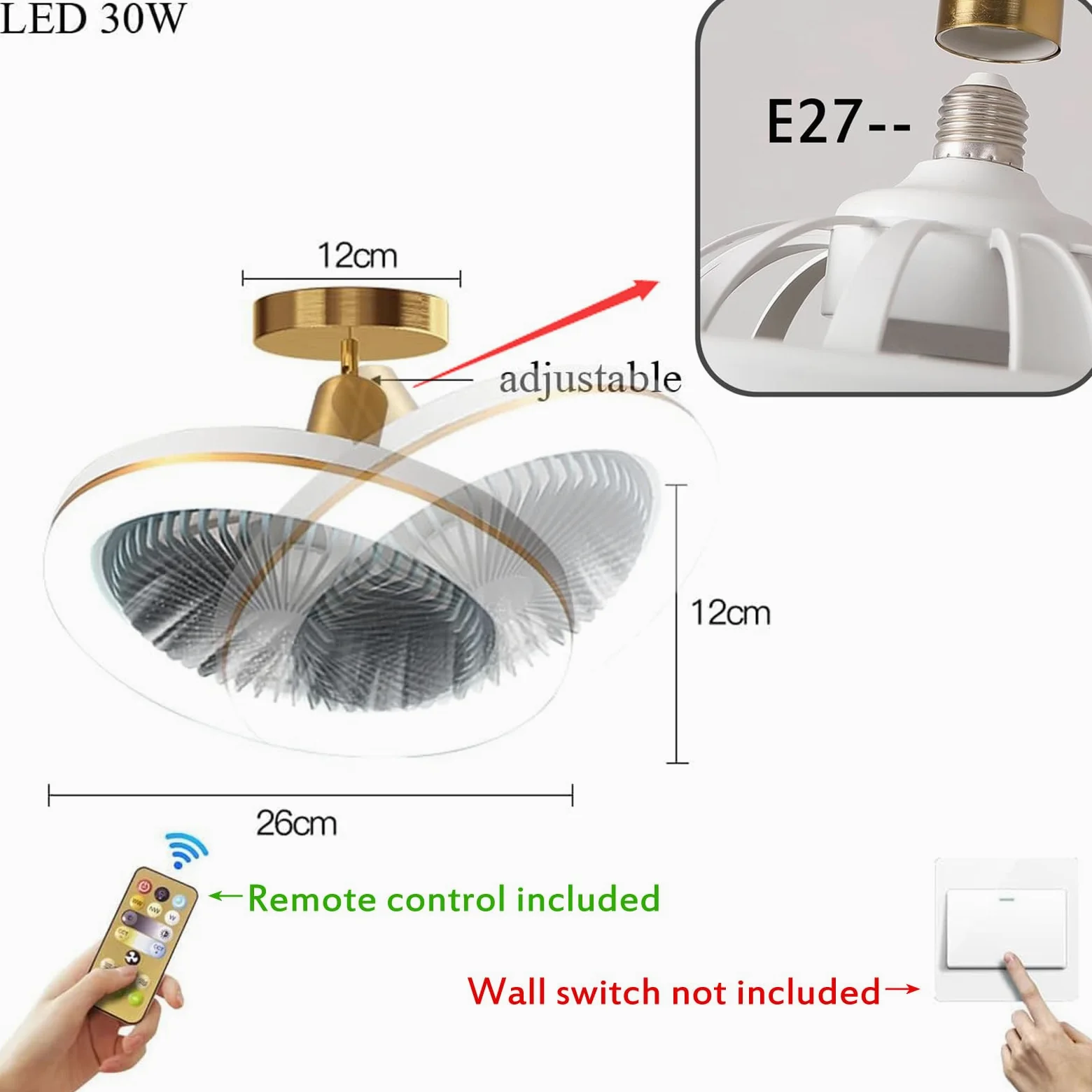 Ventilatore da Soffitto con Luce e Telecomando, E27 Plafoniera LED con Ventilatore da Soffitto Silenzioso,30W Dimmerabile 3000K/4000K/6000K, per Cucina Camera da Letto Bagno, Tempismo