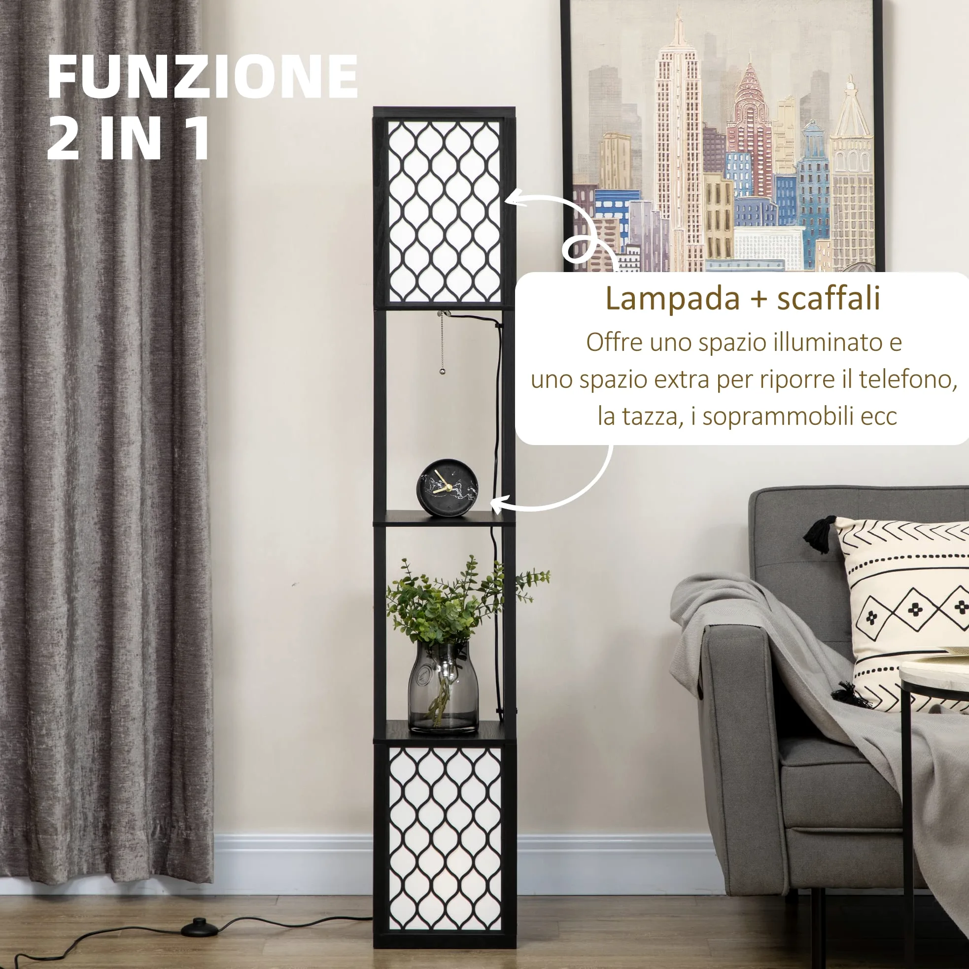 HOMCOM Lampada da Terra a Colonna in MDF e Plastica PP con 2 Ripiani, per Soggiorno, Studio e Camera da Letto, 26x26x156 cm, Bianca e Nera