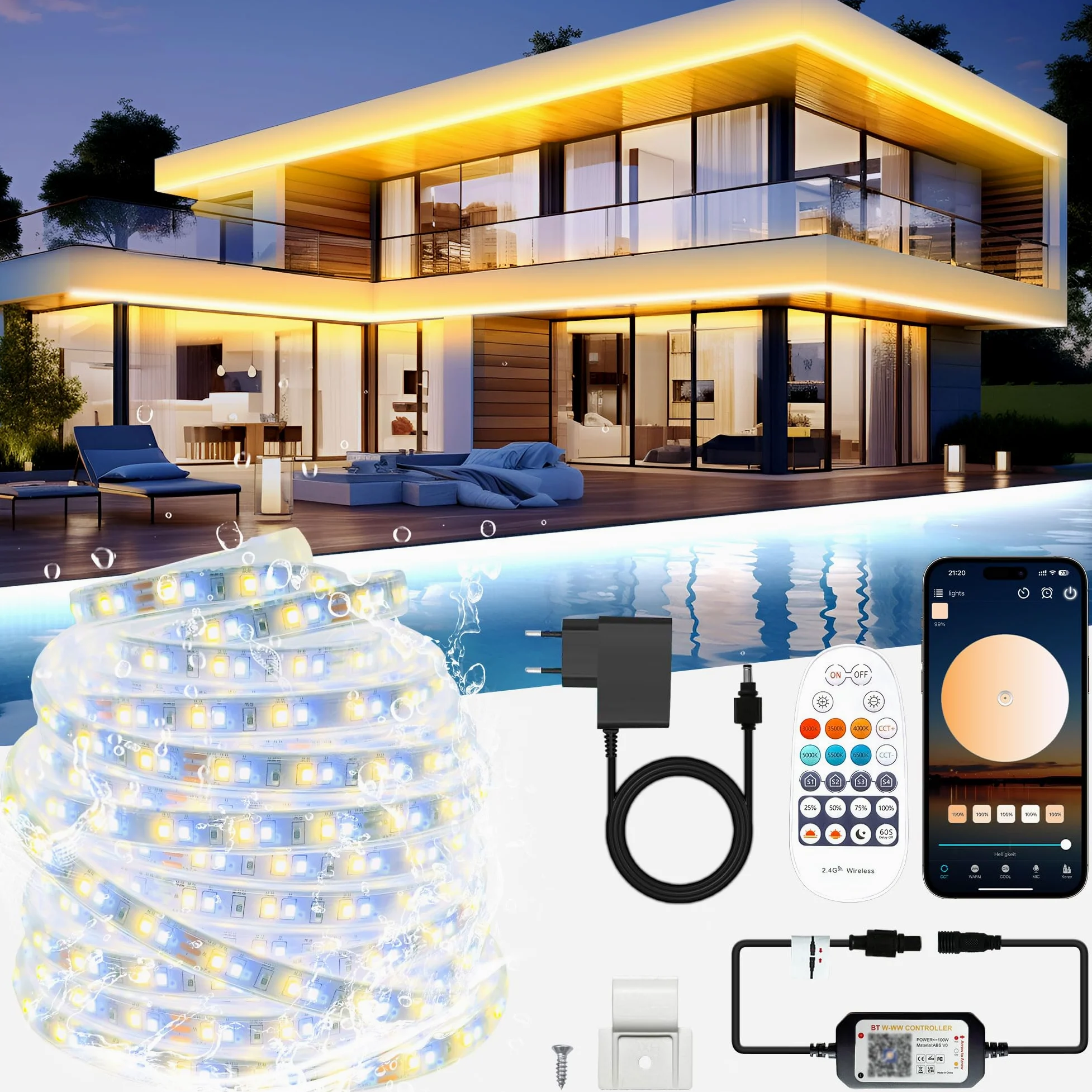 20M Striscia LED Esterno Impermeabile IP67, Luci Esterno LED Dimmerabile Bianca a Luce Calda, Strisce Adesive con Telecomando & APP, Striscia Impermeabile 24v per Cucina da Esterno, Gazebo