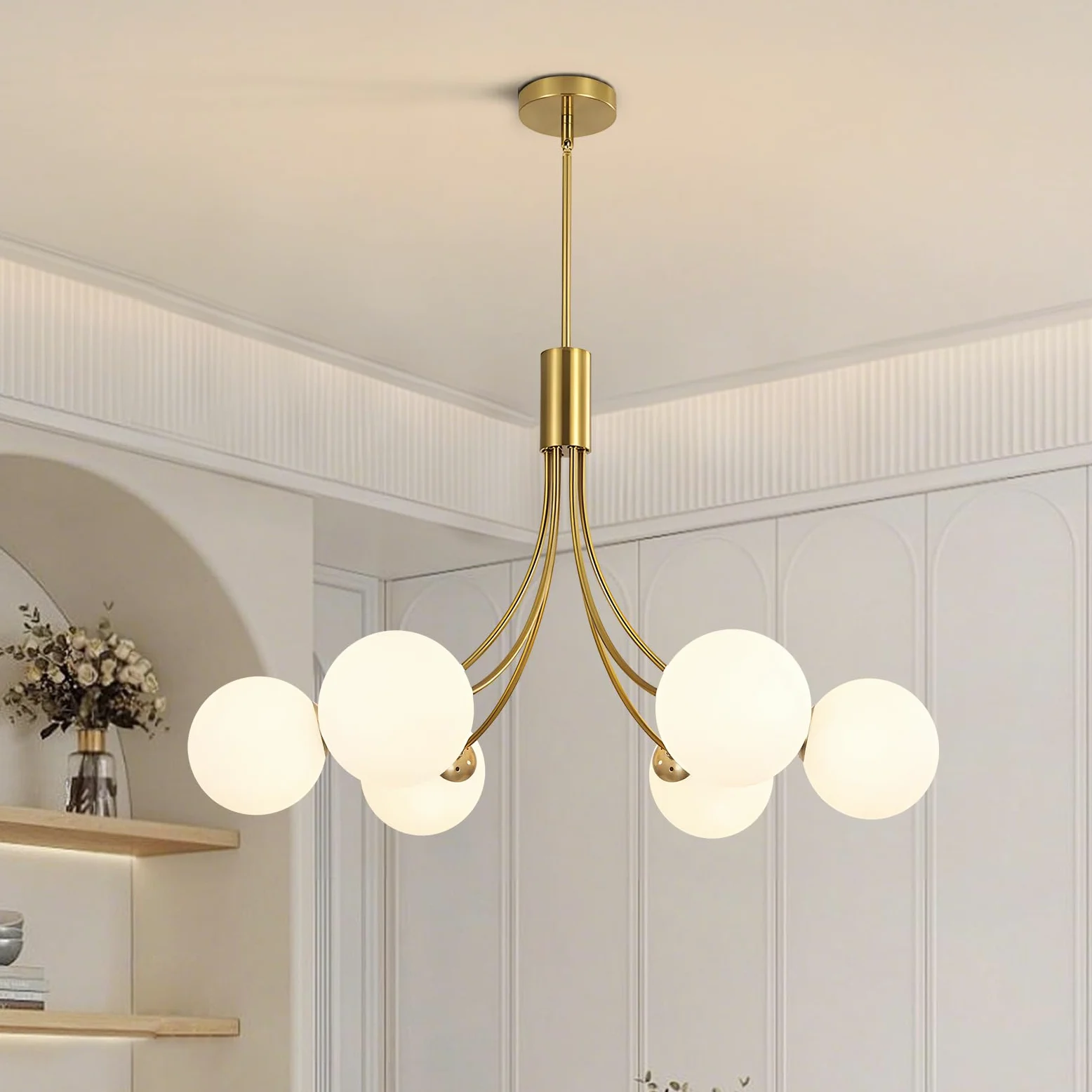 KCO Lighting Lampadario Sputnik Moderno 6 luci,Lampadario Oro Con Sfere Bianche per Sala da Pranzo, Isola Cucina, Soggiorno,Camera da Letto