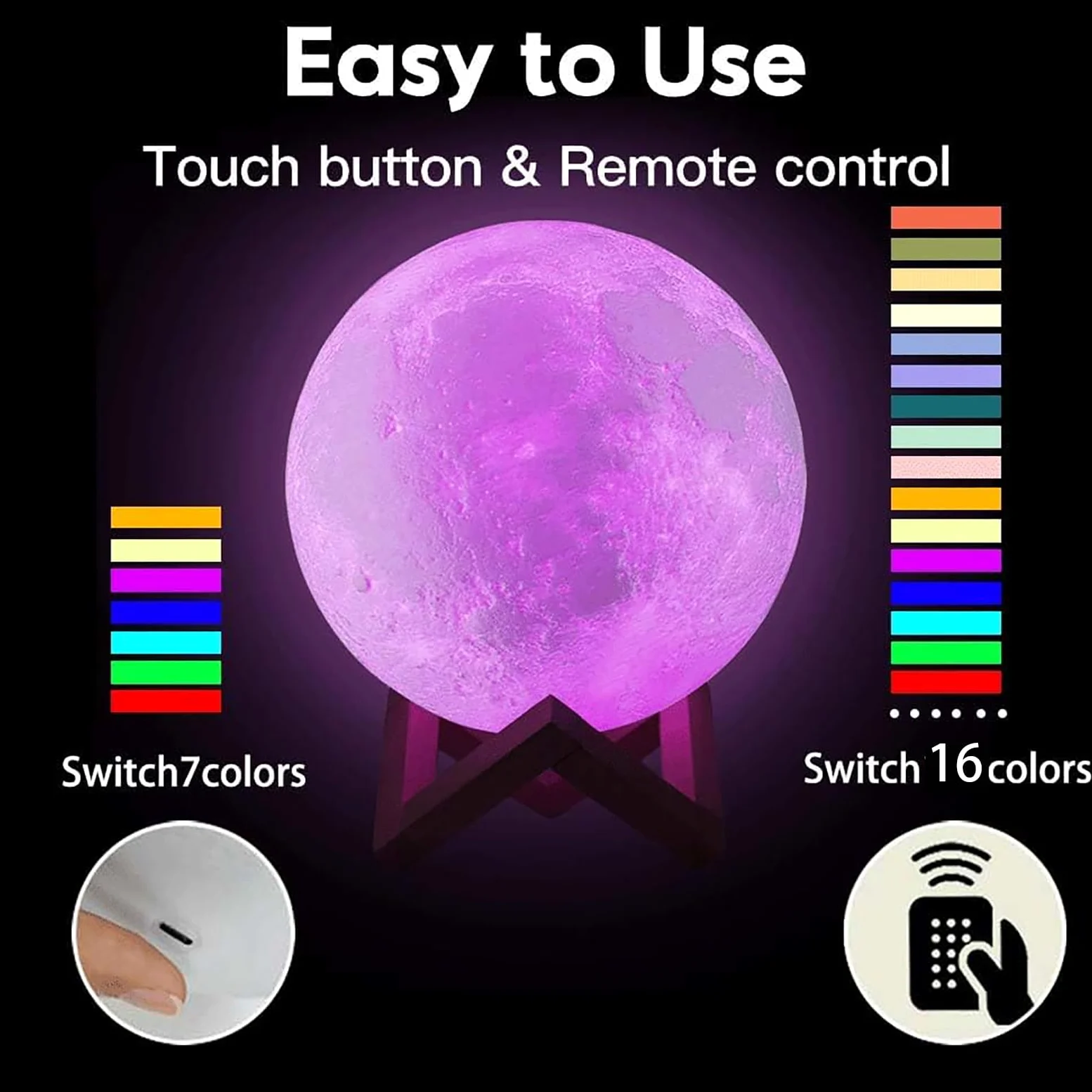 Lampada notturna 3D a forma di luna, con telecomando e controllo touch, ricaricabile tramite USB, funzione di temporizzazione, 16 colori, supporto in legno