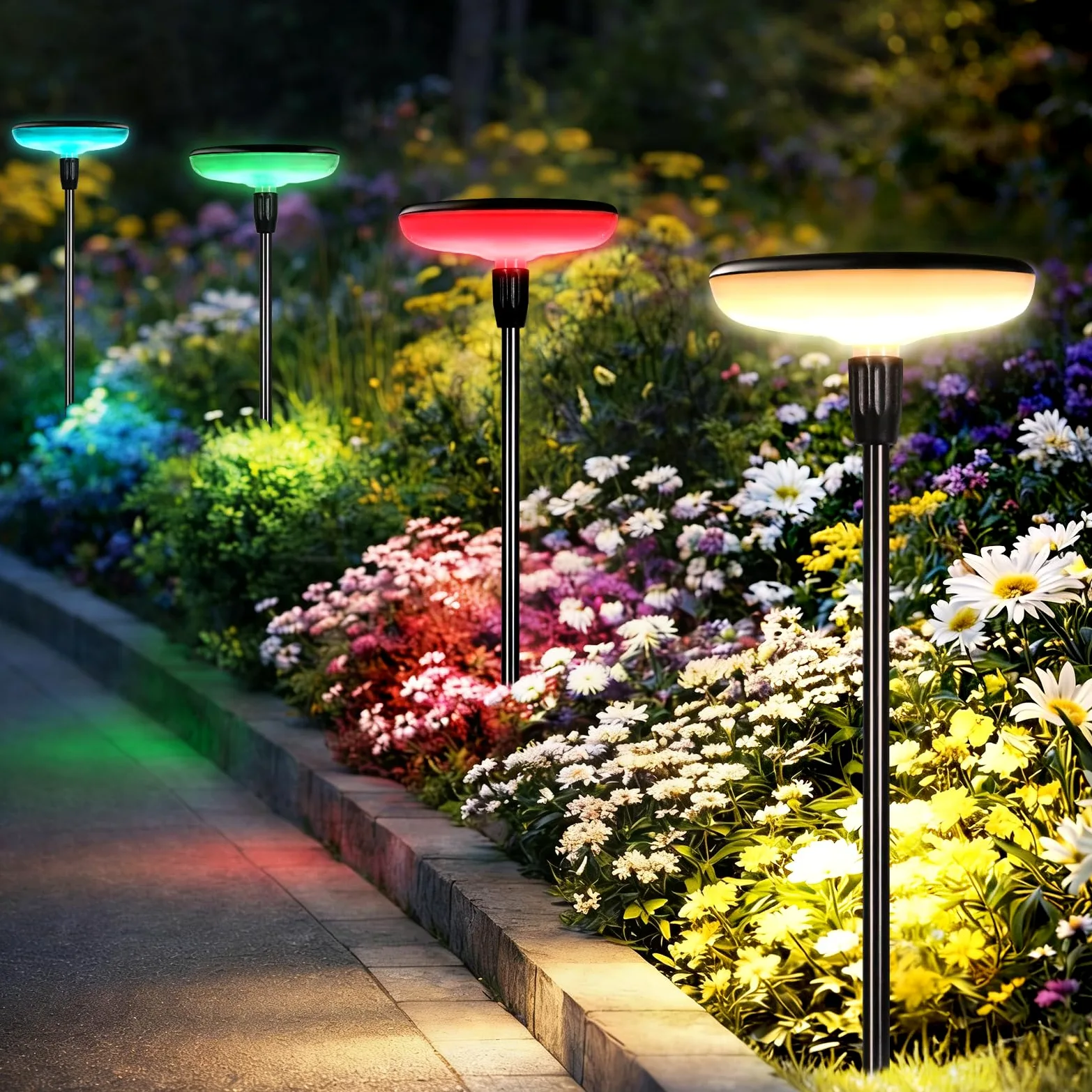 Luci Solari da Giardino Set 4 Pezzi, Lampade Solari da Esterno con Bianco Caldo e RGB, 1000mAh, 21 LEDs 55 lumen, Altezza Regolabile 77 cm, Impermeabile IP65 per Esterno Festa Terra Prato