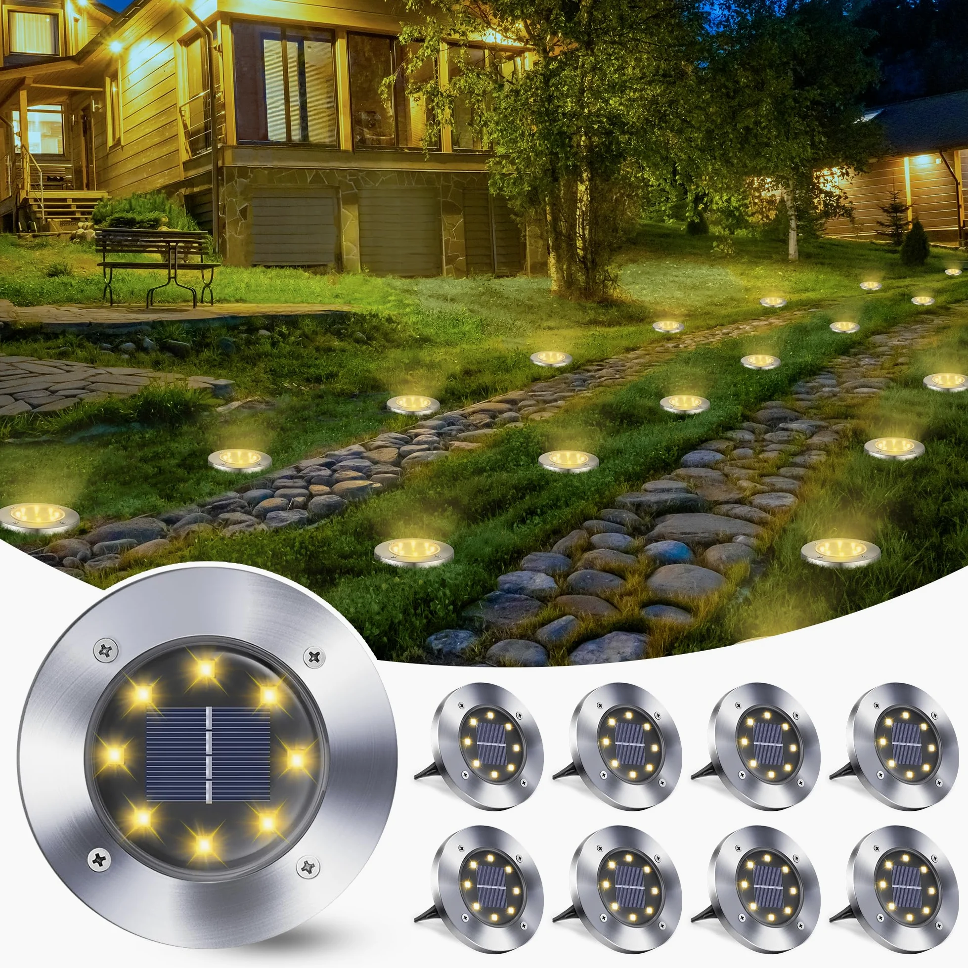 Qedertek 8 Pezzi Luci Solari Giardino Esterno, 8 LEDs Faretti led Luce Sepolta Bianco Caldo Lampada IP65 Impermeabile Luci Terra per Prato Vialetto Scala Paesaggio