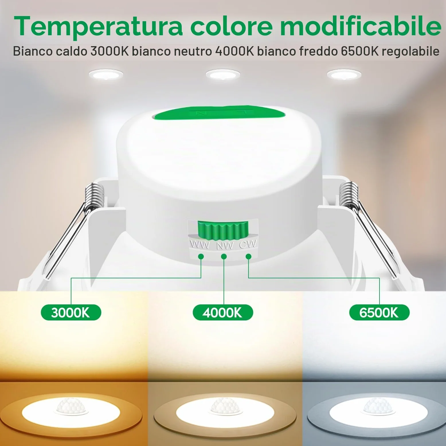 ALUSSO Faretti LED da Incasso per Cartongesso con Sensore di Movimento, 12W 950LM, AC 220-240V, 3000K 4000K 6500K Regolabile, IP44 Impermeabile, Diametro del Foro 90-100MM, 1 Pack