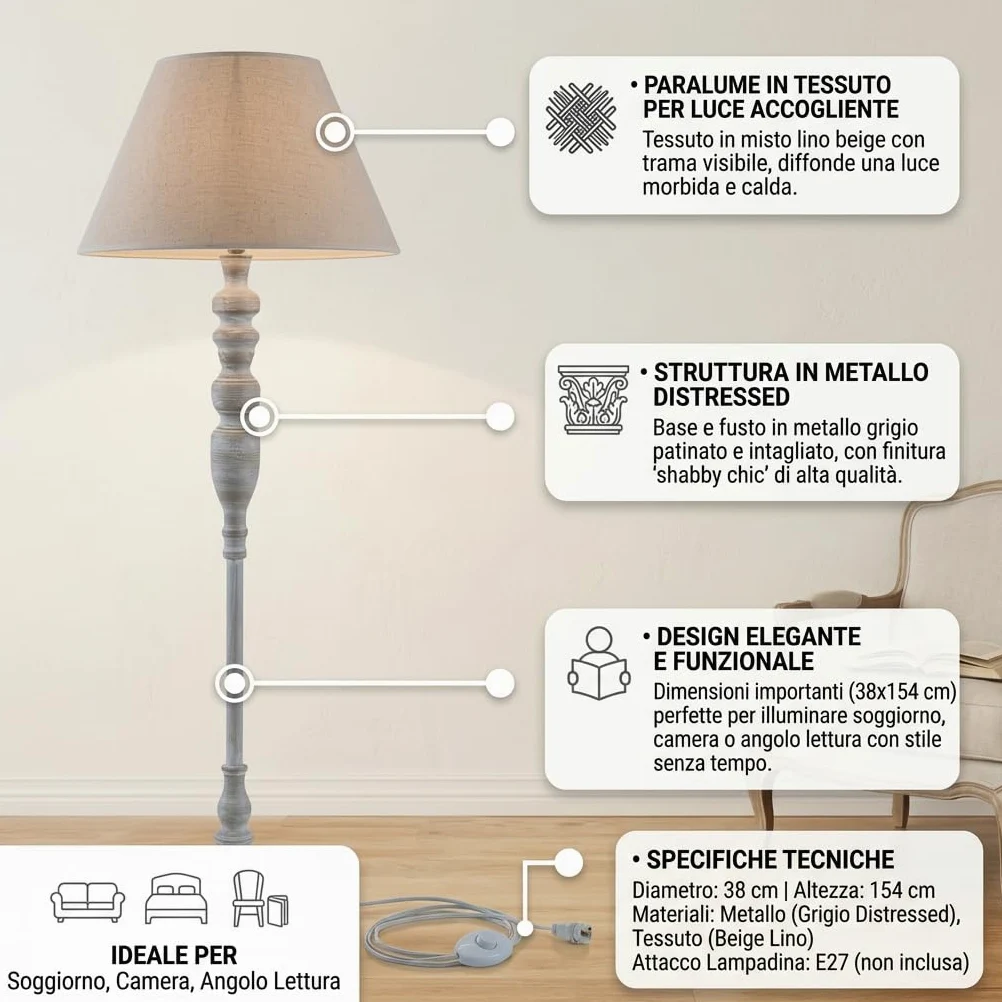 DiKasa Lampada da Terra Classica con Paralume in Tessuto Beige e Base in Metallo Grigio, Design Elegante e Minimal per Soggiorno Camera da Letto e Angolo Lettura 38x154 cm