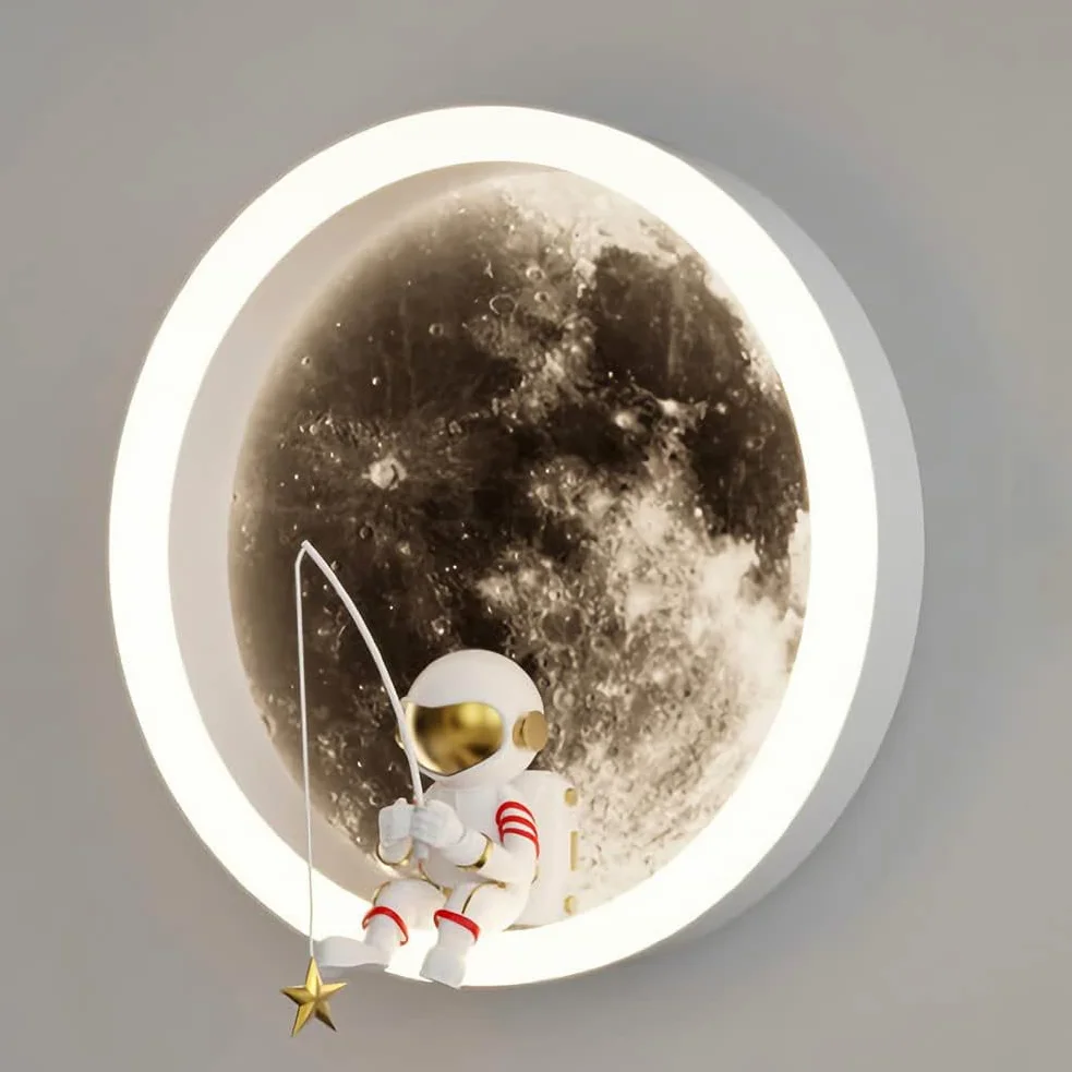 LED bambini luce di luna parete luce, decorazione astronauta interna, 3000K 12W bambini circolare camera da letto Bianco