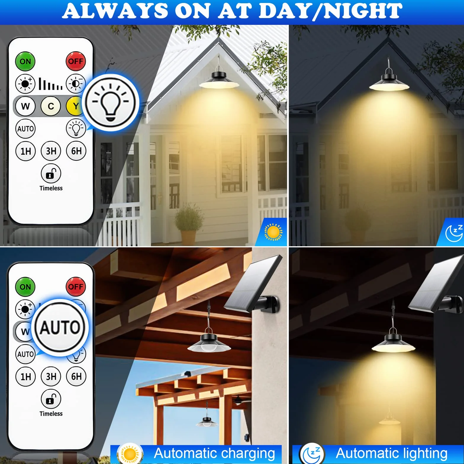 AGOTD Lampada Solare da Esterno, Lampada a Sospensione Solare con Telecomando, 3 Colore, Cavo 5M, 6Luminosità, IP65 Impermeabile, Illuminazione per Giardino Balcone Vialetto