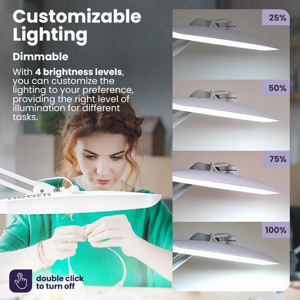 Neatfi Lampada da lavoro a LED XL da 2.200 lumen, lampada da scrivania super luminosa da 24 W, 117 LED SMD, larghezza 51 cm, luminosità a 4 livelli, dimmerabile, lampada a LED per la cura degli occhi