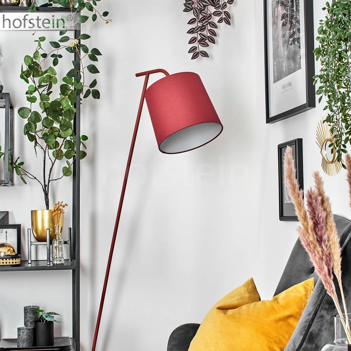 Lampada da terra Palmeiros, lampada in metallo/tessuto rosso/bianco, dal design retrò/vintage con paralume rotondo (Ø 25 cm) e interruttore a pedale, altezza 160 cm, 1 x E27, senza lampadina