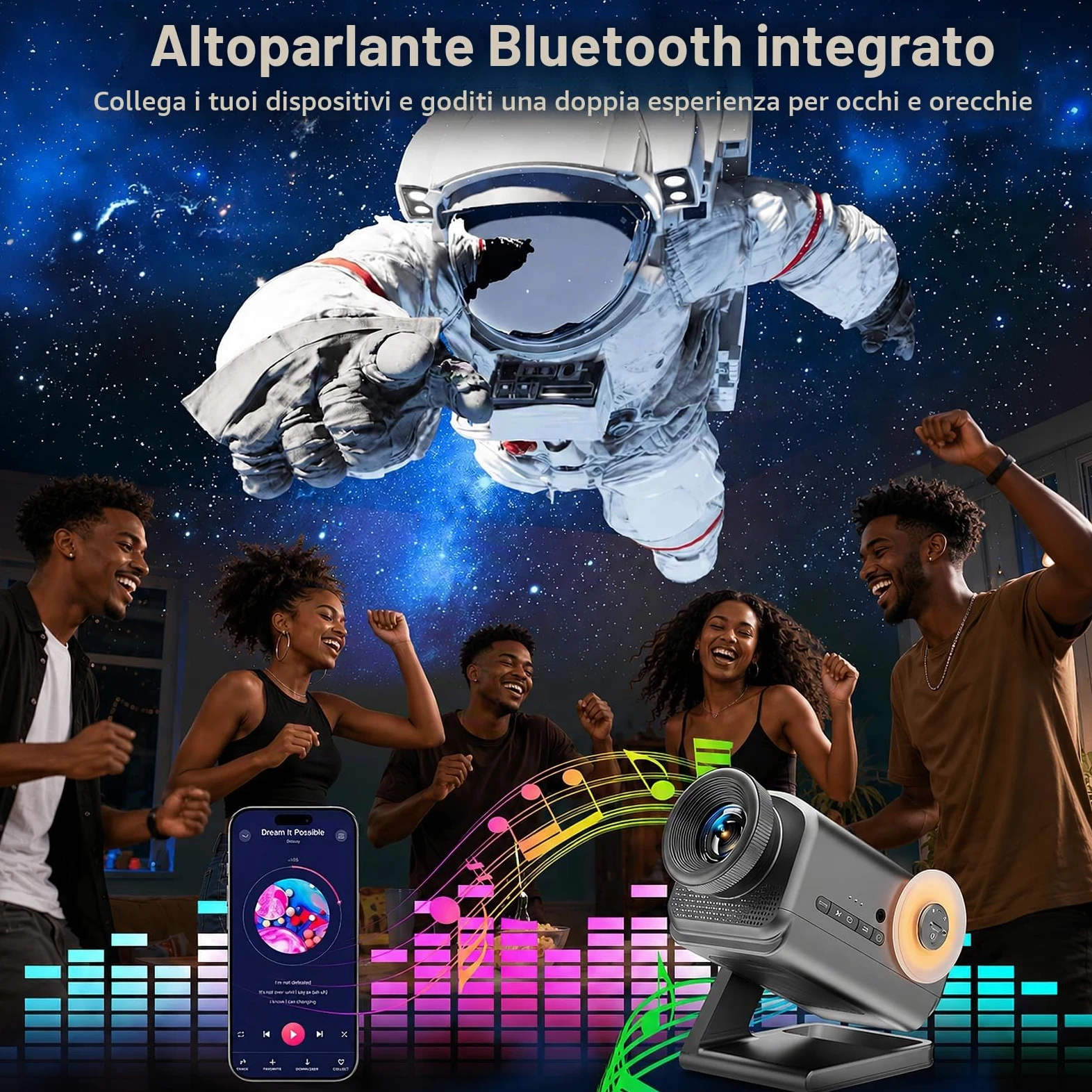 PRANITE Proiettore 3D Nordlicht 60 temi HD Galaxy Proiettore con altoparlante Bluetooth, timer remoto, luce notturna camera da letto, festa, bambini, compleanno adulto | Scene dinamiche: cielo stellato, oceano, feste, ecc., telecomando e timer.
