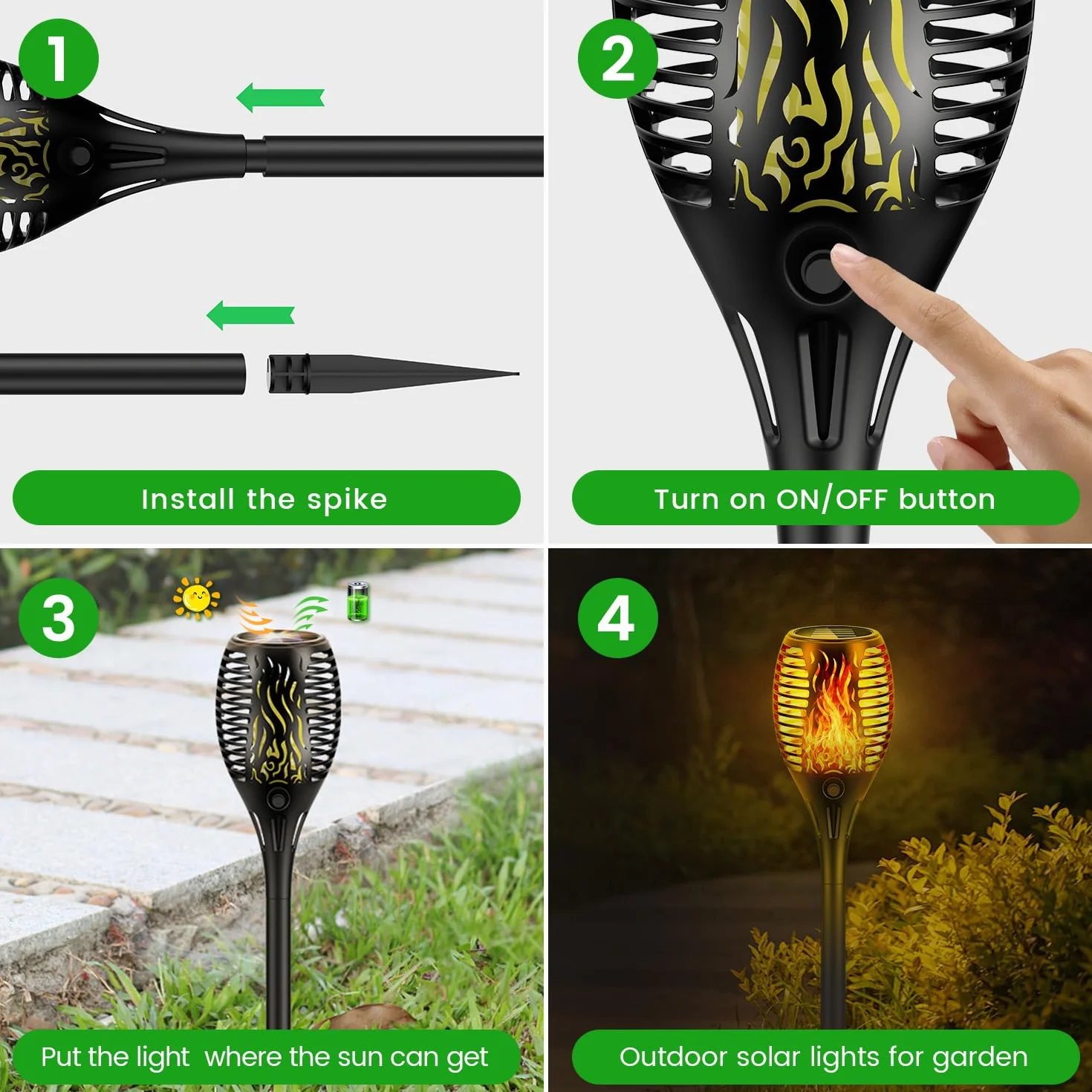Lampade solari per giardino esterno con effetto di fiamma realistico, lampada solare impermeabile IP65, 33 LED. Ideale per sentieri, terrazze, campeggio e decorazione, 4 pezzi