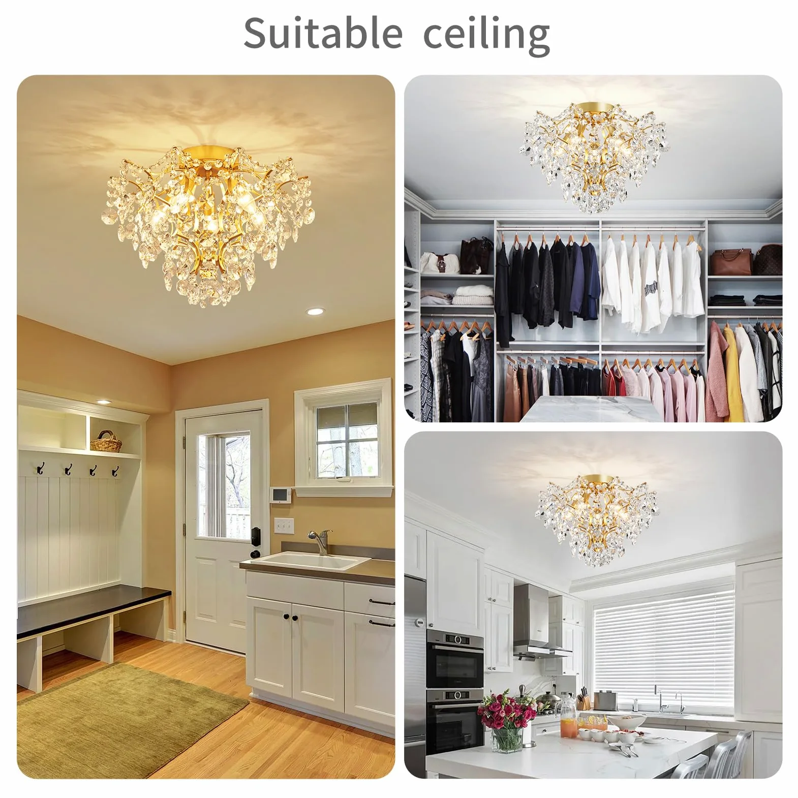 WUZUPS 5-luce cristallo lampadario Flushmount lampada a soffitto moderno illuminazione per camera da letto corridoio bar cucina bagno, H 30.5 cm x L 39 cm, E14 Base, oro