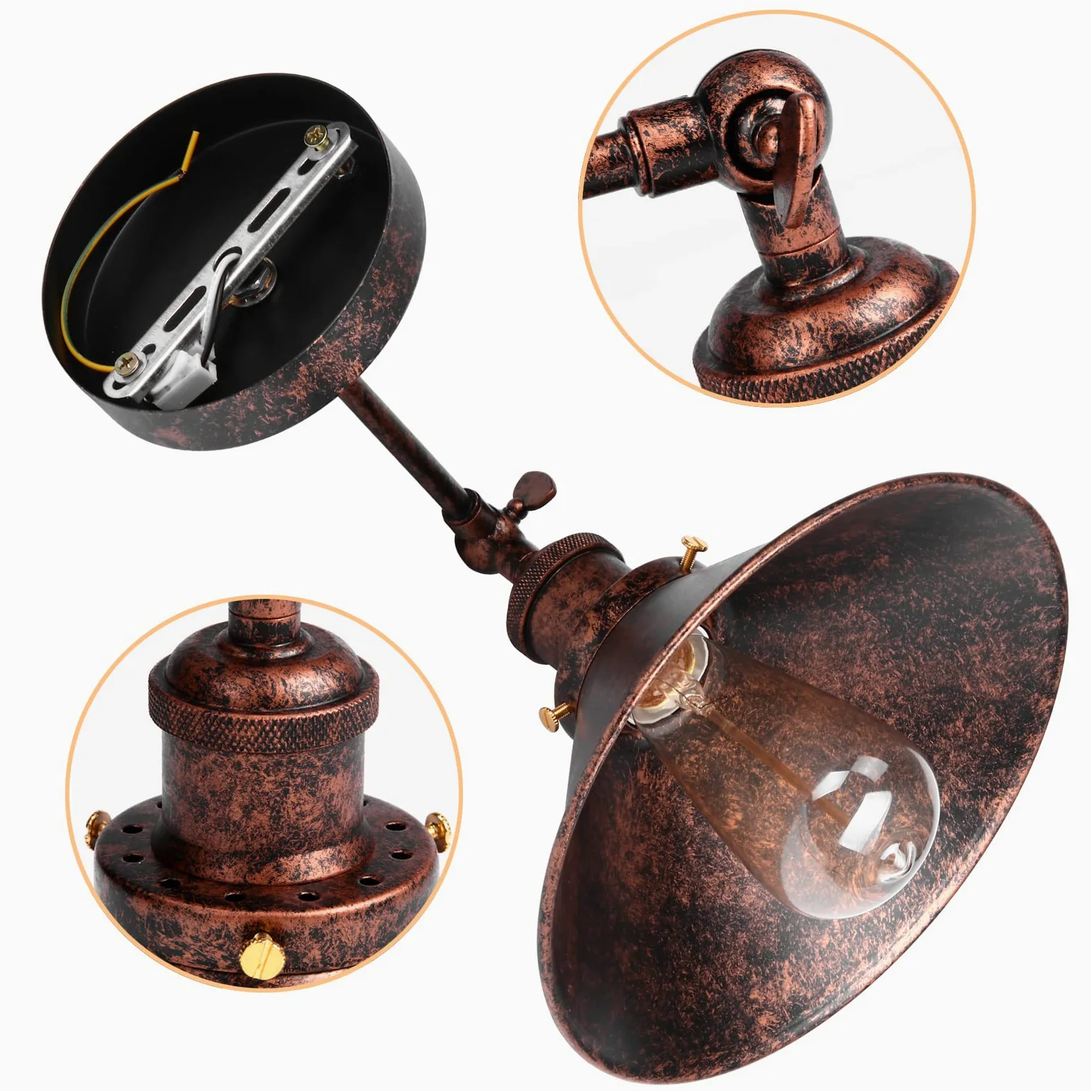 iDEGU 2 Pezzi Lampade da Parete Industriale Vintage Applique da Parete Retrò in Stile Edison in Metallo E27 Regolabile Plafoniere Applique Interno per Cucina Camera da Letto, 22cm (2x Ruggine)