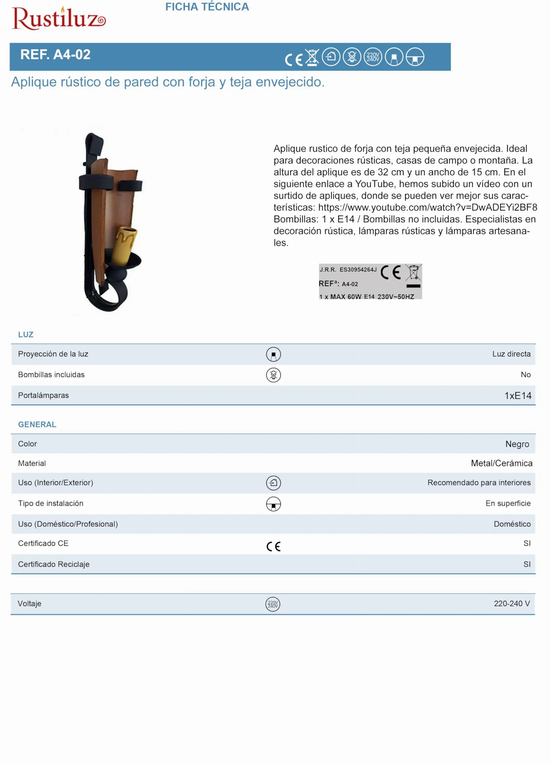 Rustiluz 49362 - Applique da parete in ferro battuto con tegola, stile rustico