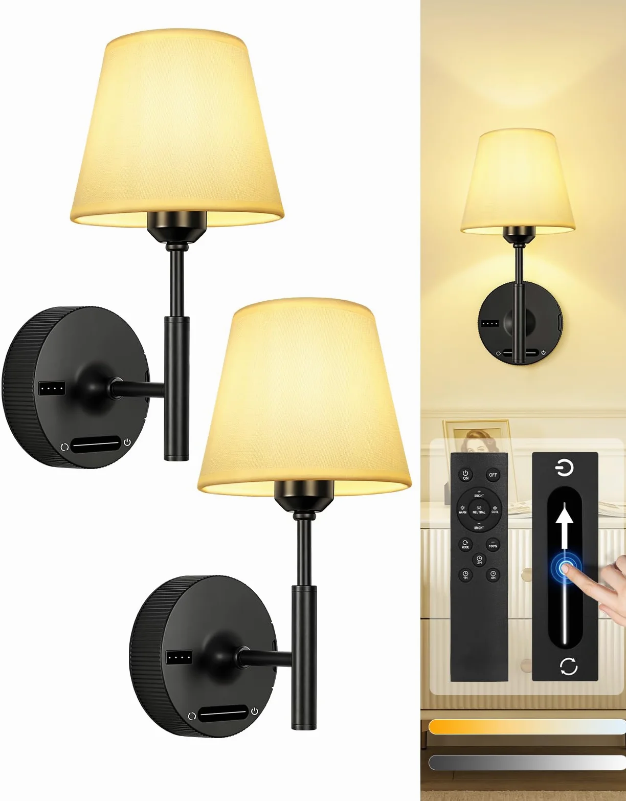 OUTON Applique da Parete Interno, 2 Pezzi Lampada da Parete Senza Fili