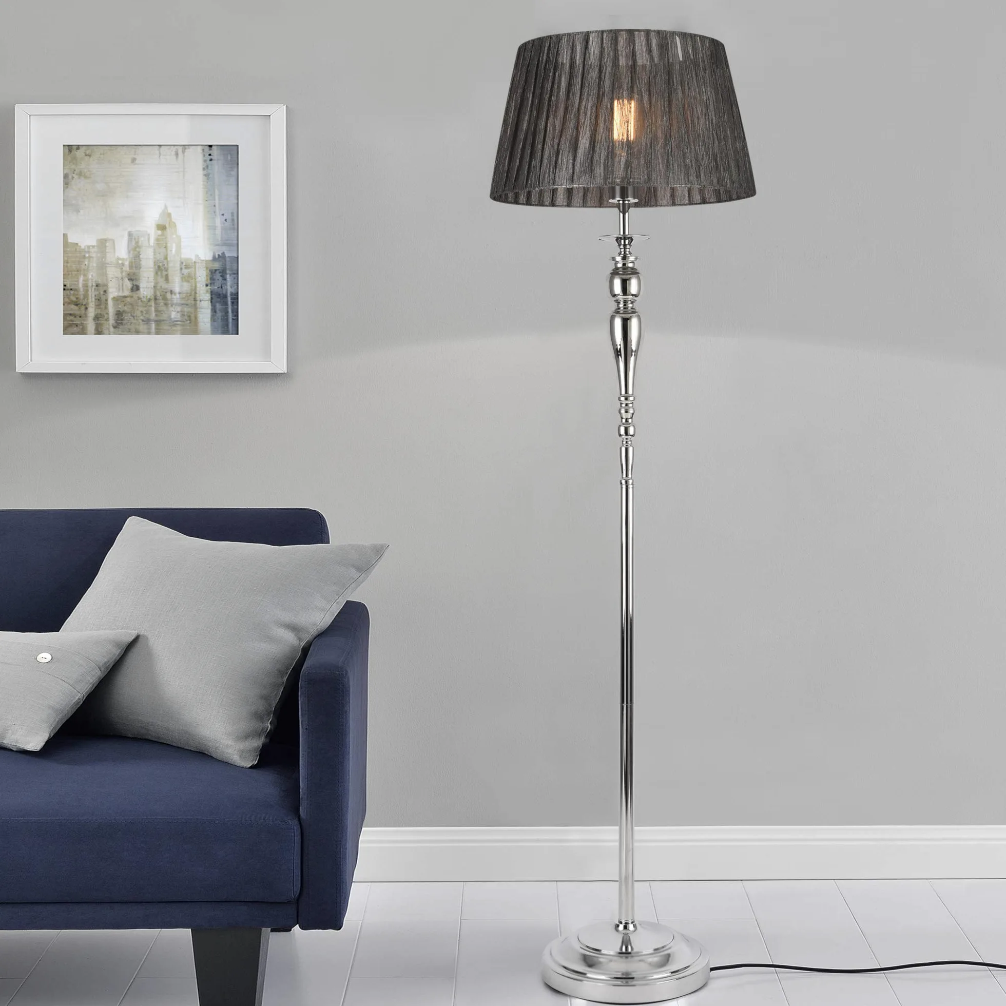 lux.pro Lampada da Terra Alta 151 cm Piantana con Paralume Conico in Tessuto Grigio Ø40 cm Lampada a Stelo Decorativo in Metallo Cromato