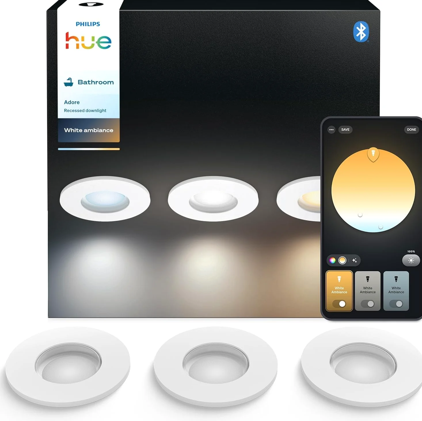 Philips Hue White Ambiance Adore, Faretto LED Smart da incasso, luce da bagno dimmerabile, Rotondo, Bianco, 3x4.2W, Telecomando Dimmer Switch incluso