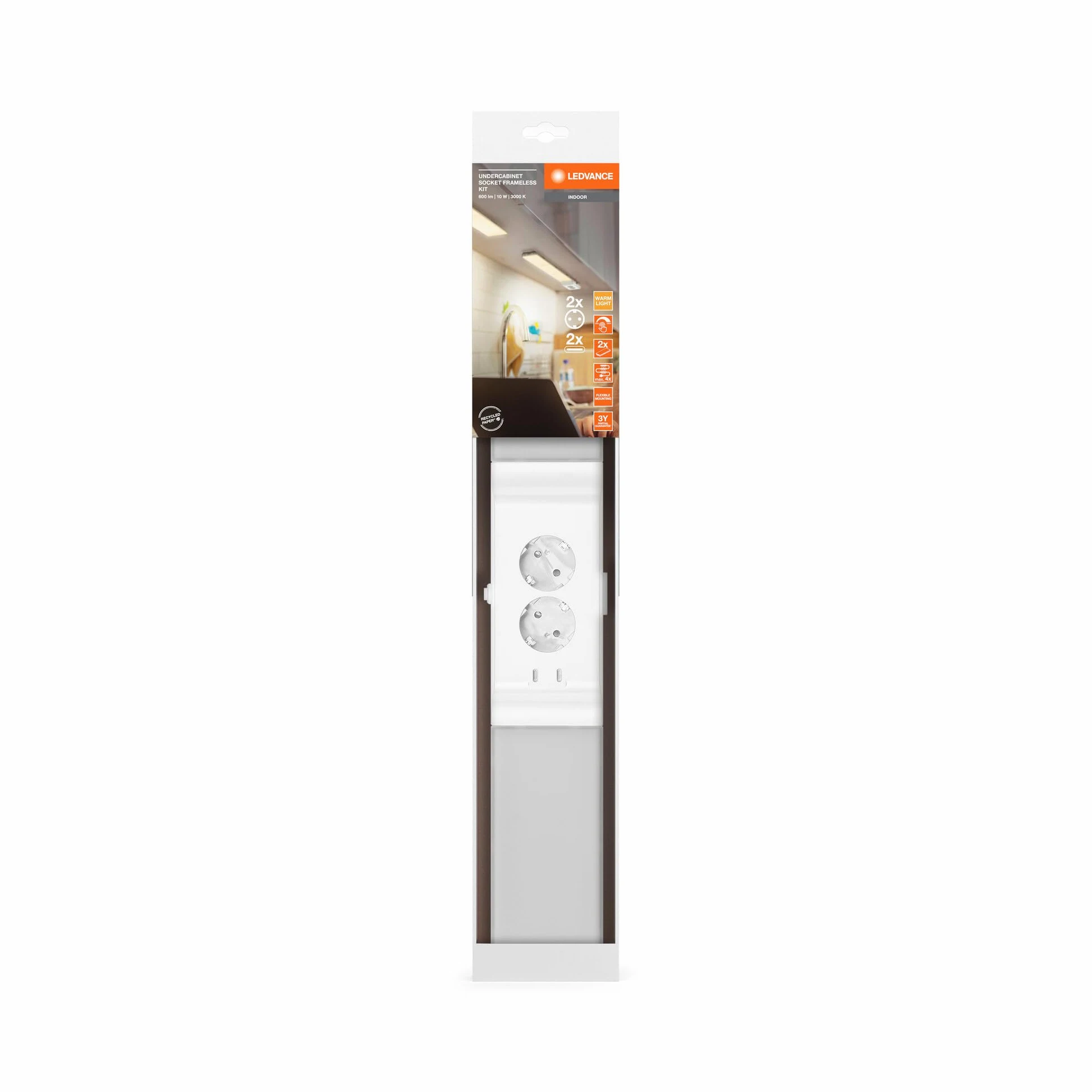 LEDVANCE apparecchio sottopensile con 2 prese e 2 connessioni USB-C, fascio luminoso ampio, 10 W, 500 lm, 3000 K, 830 bianco caldo, dimmerabile, set bianco in plastica (PC), IP20