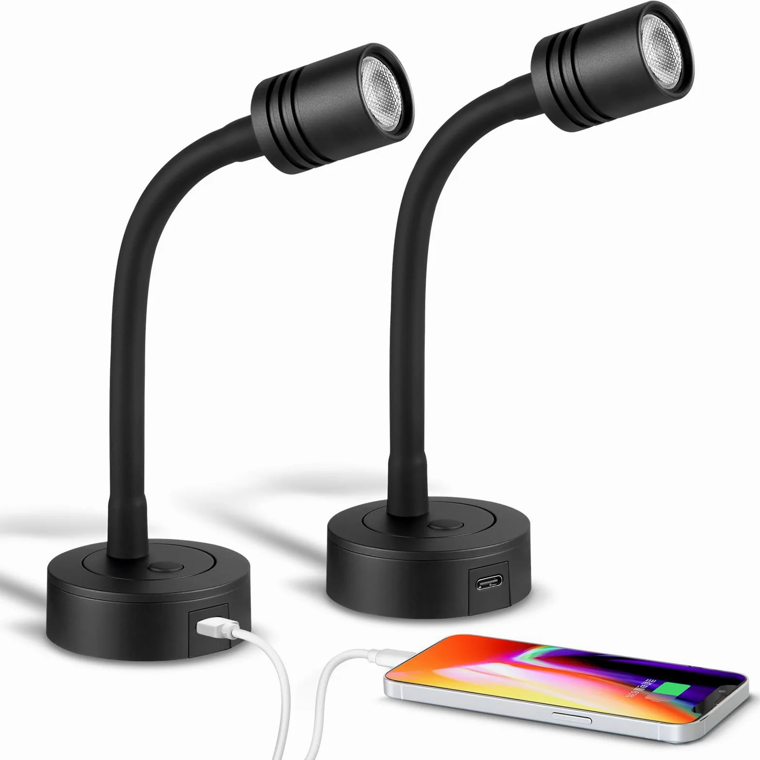 2 x Lampade da Lettura Camper LED 12V Dimmerabile Luce da Comodino Nero 3200K DC12V-24V per Barca Furgone Rimorchio Cabina, Flessibile Collo di Cigno, Tipo C Integrato &Dimmer