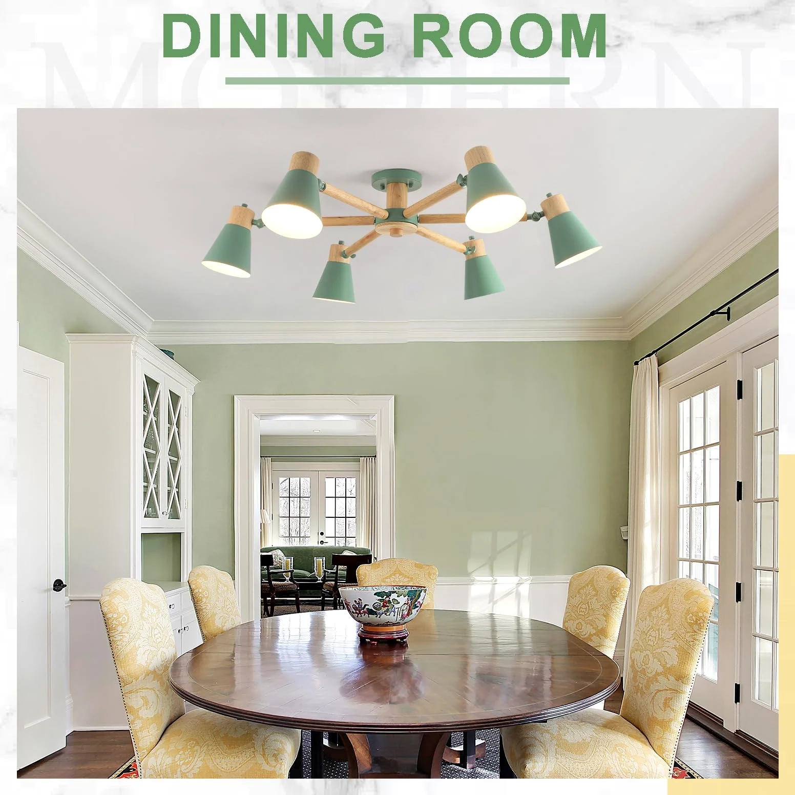 Verde Lampadario Camera Da Letto 6 Luci,Legno E Ferro Lampadario Soggiorno A Bracci Luminosi Regolabili lampadari E27 Ø82Cm Moderno Lampadario Cucina Per Letto Casa Camera Salotto