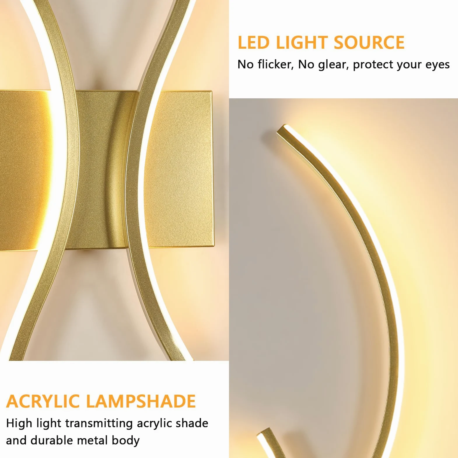 Goeco Applique LED da Parete Interni, 32W 80 CM Luci da Parete Dimmerabile Lunga con Telecomando 3000K-6500K con 2 Luminosi Ondulati per Soggiorno, Camera da Letto, Dorato
