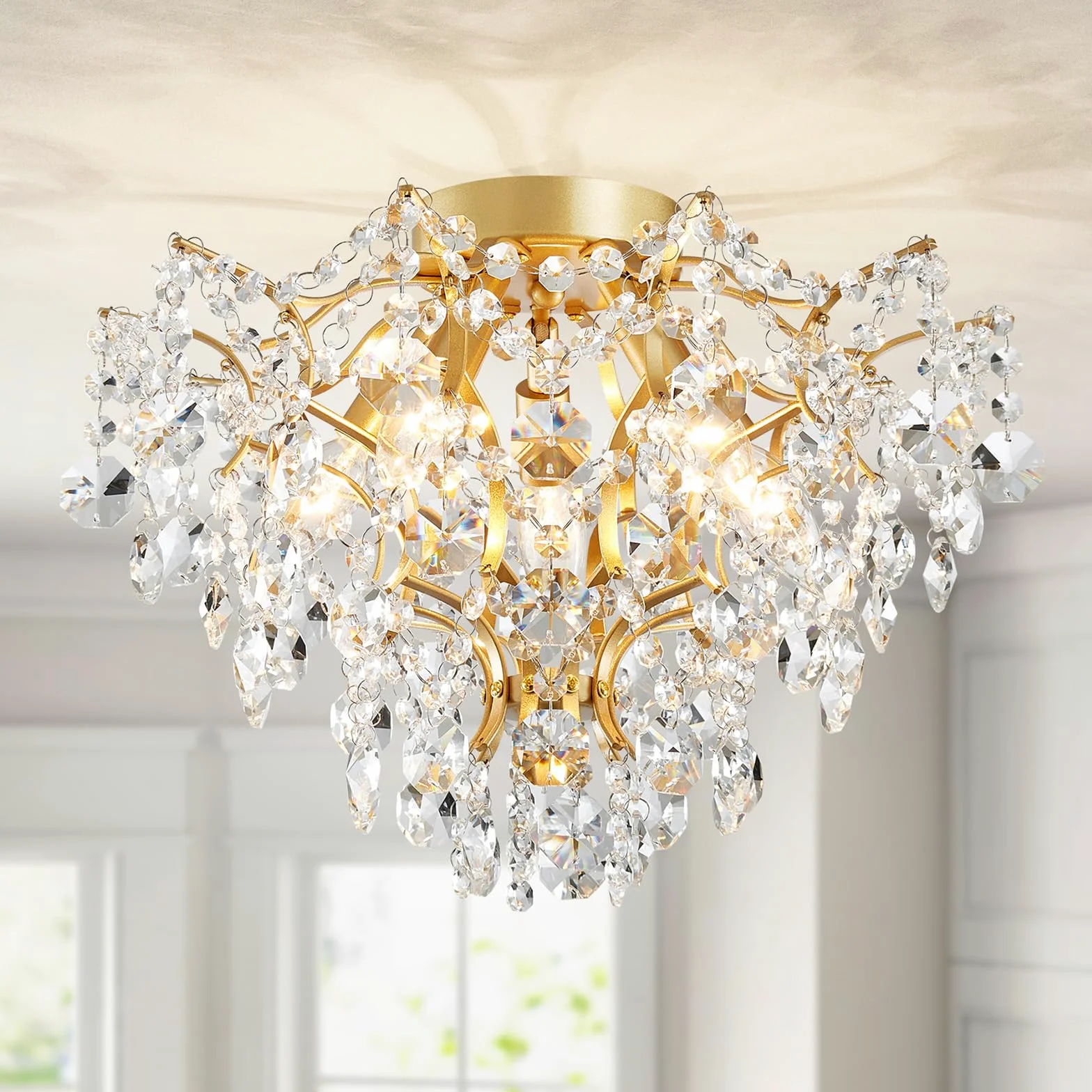 WUZUPS 5-luce cristallo lampadario Flushmount lampada a soffitto moderno illuminazione per camera da letto corridoio bar cucina bagno, H 30.5 cm x L 39 cm, E14 Base, oro