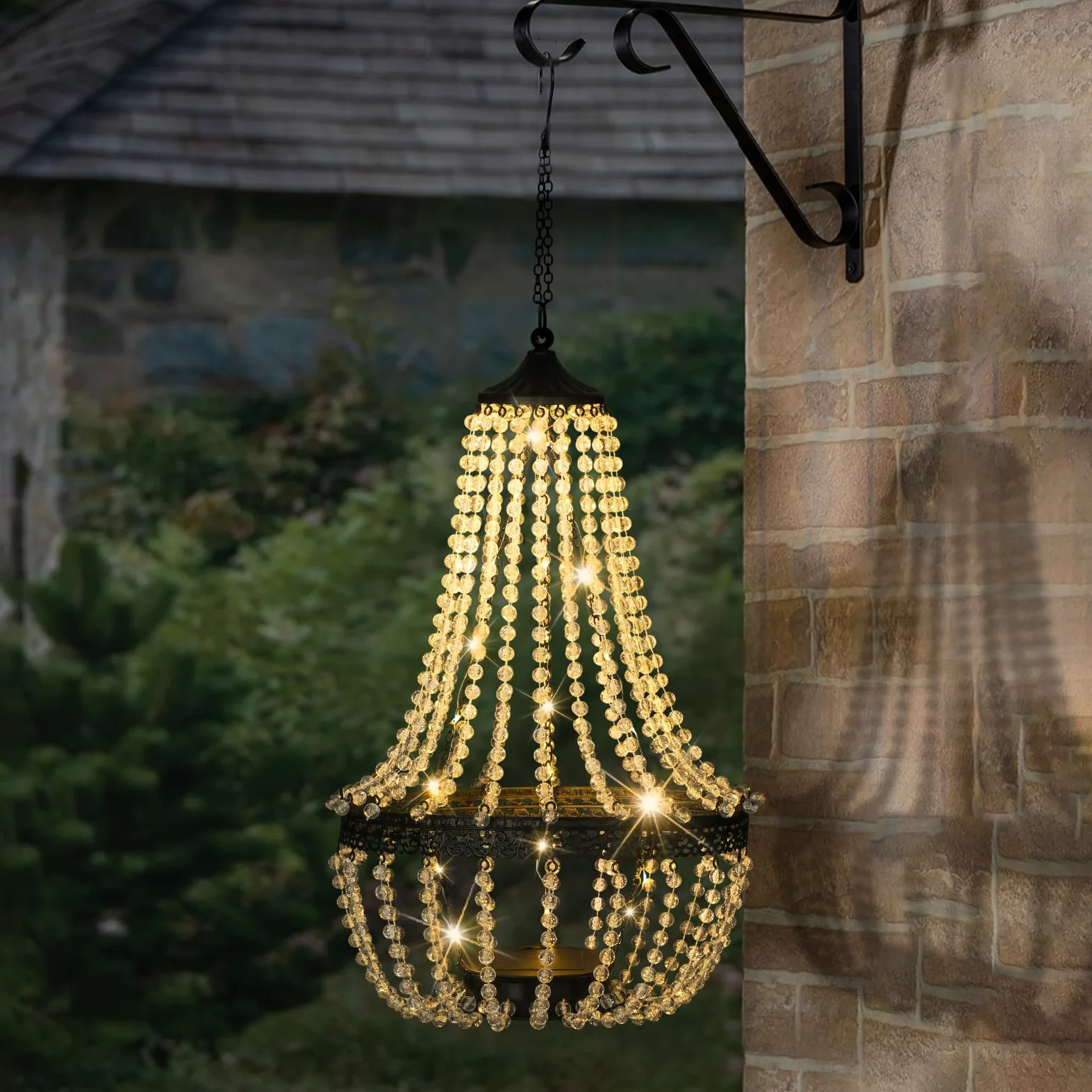 Lampadario solare sospeso per esterni, 30 luci bianche calde, lampadario in perline acriliche con ganci a S, lanterna moderna per decorazioni da giardino, cortile, patio, gazebo, 71 cm di altezza