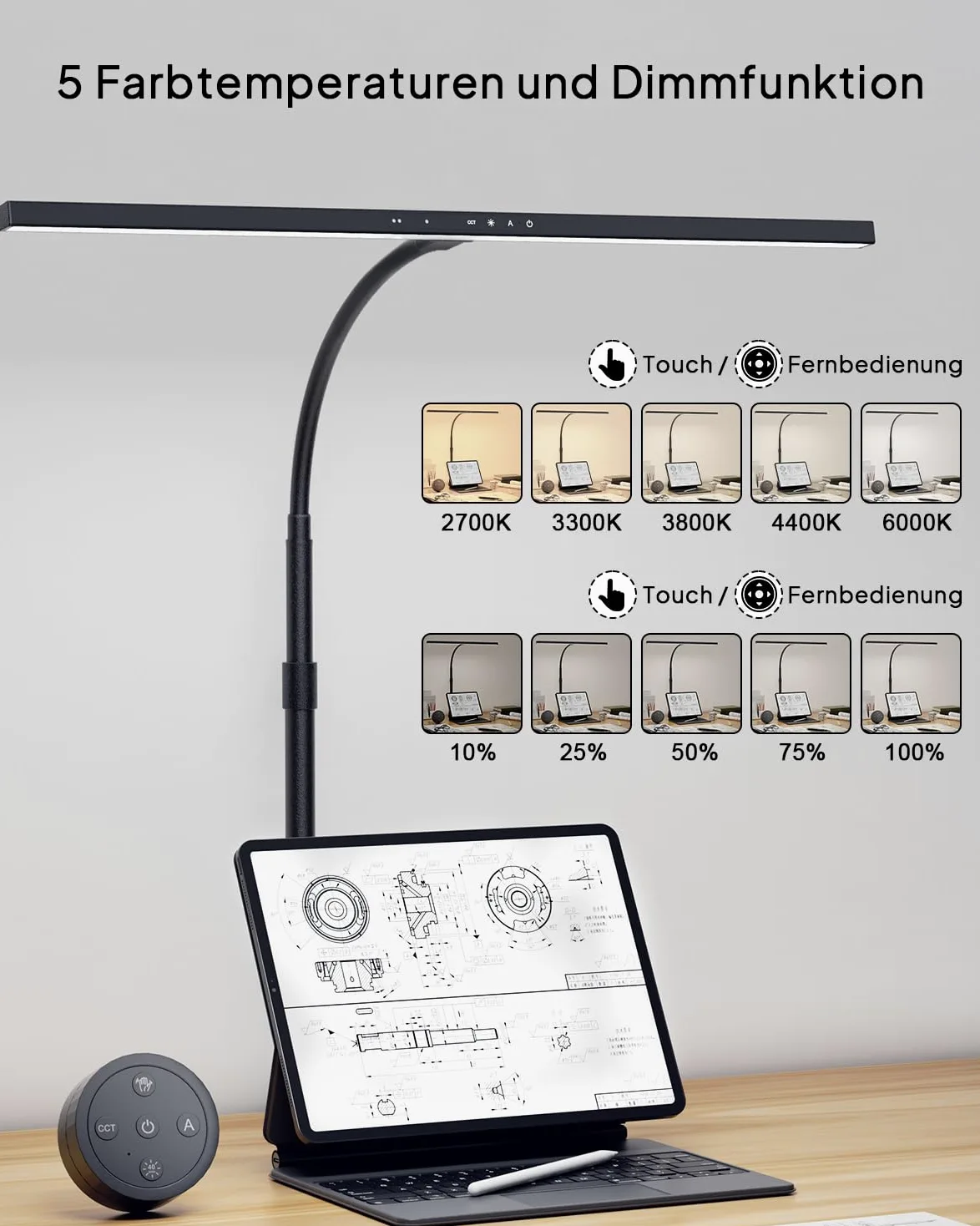 KableRika 24W Lampada da scrivania a LED per ufficio, lampada da scrivania con morsetto, telecomando e sensore gestuale, luce da scrivania di design dimmerabile, lo studio e l'illuminazione di casa