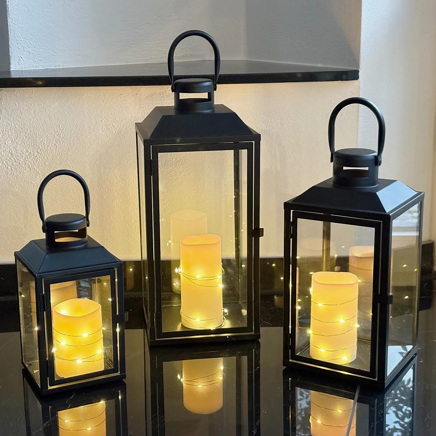 Set di 3 lanterne da giardino, lanterne in metallo, per esterni, in metallo, colore nero, altezza 24/33/41 cm