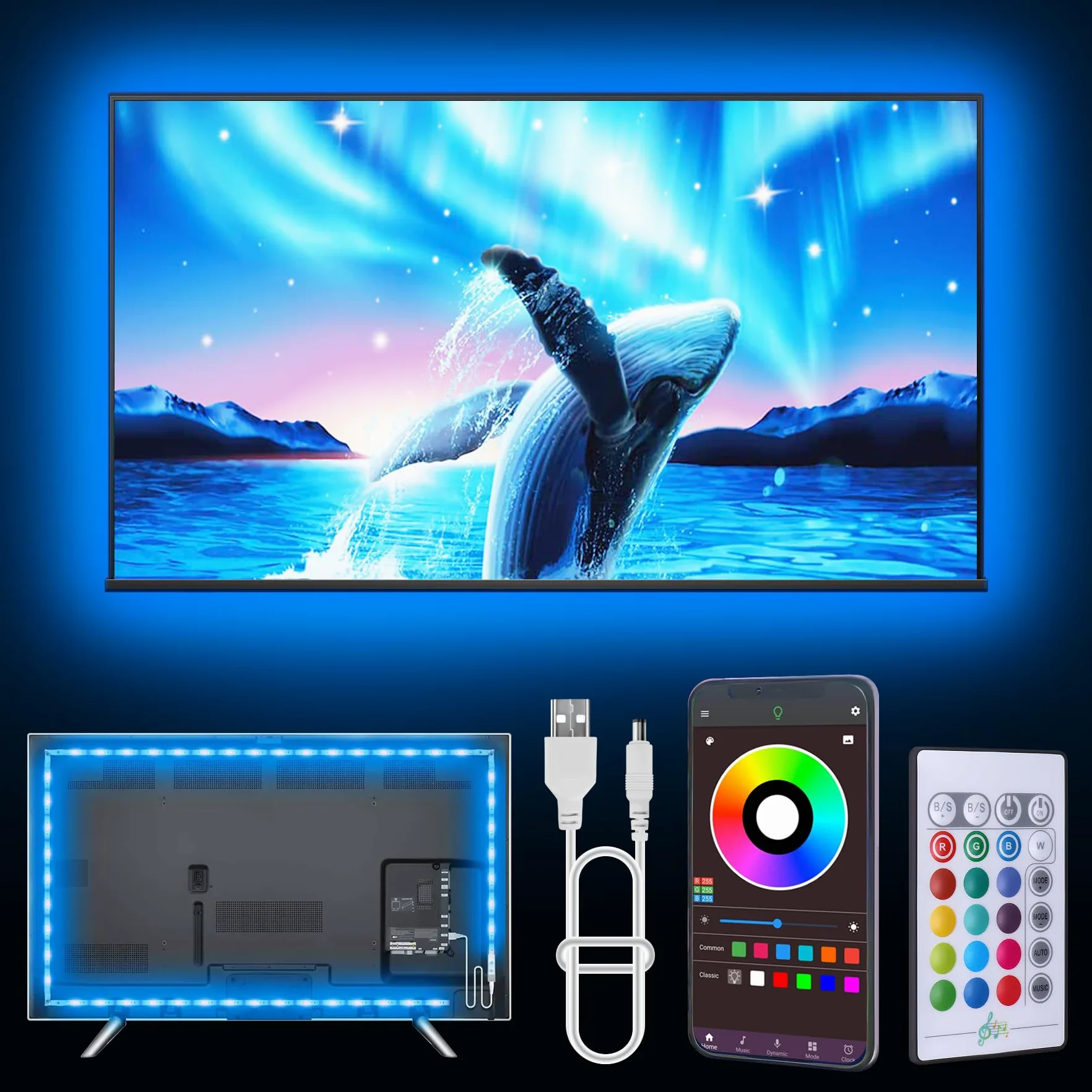 GANZQH - Luci LED da 20 piedi per TV, retroilluminazione a LED per TV da 32 a 80 pollici, striscia luminosa a LED USB con telecomando, controllo app, striscia luminosa a LED RGB, sincronizzazione